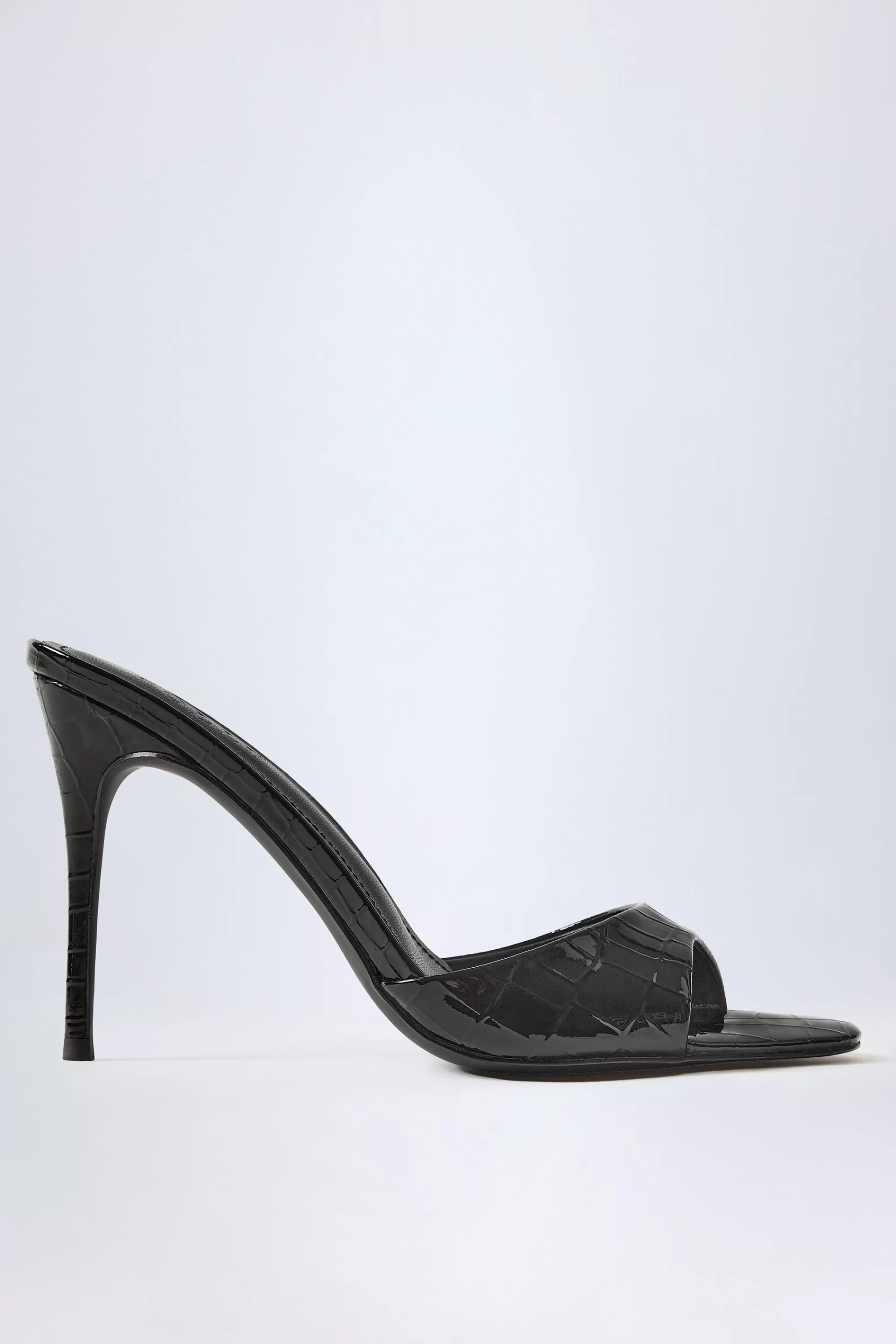 Oh Polly Almond-Toe Heeled Mules in Croc Patent Black CrocPatentBlack Store