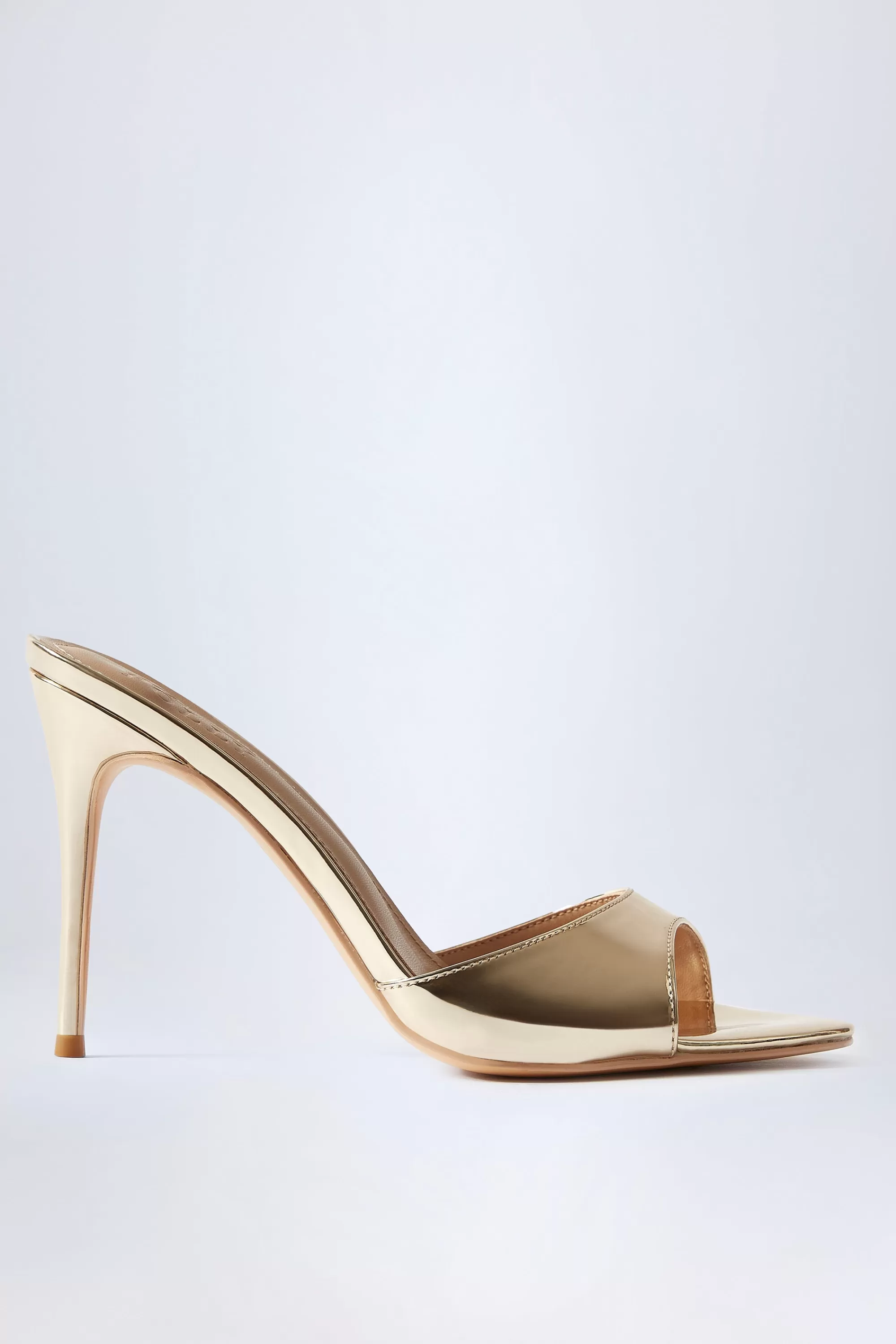 Oh Polly Almond-Toe Heeled Mules in Mirrored Gold MirroredGold Flash Sale