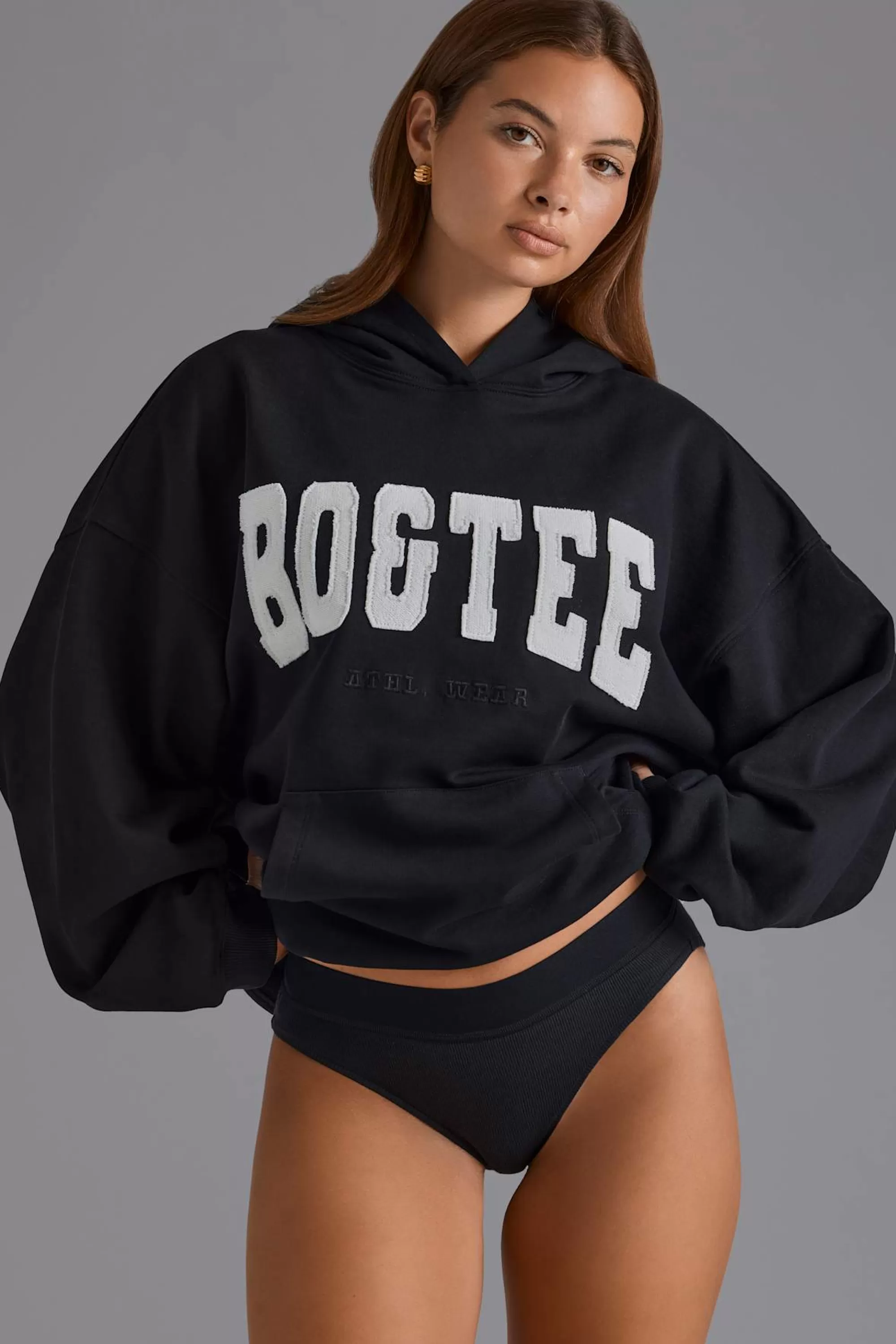 Oh Polly Appliqué Oversized Hoodie in Black Best