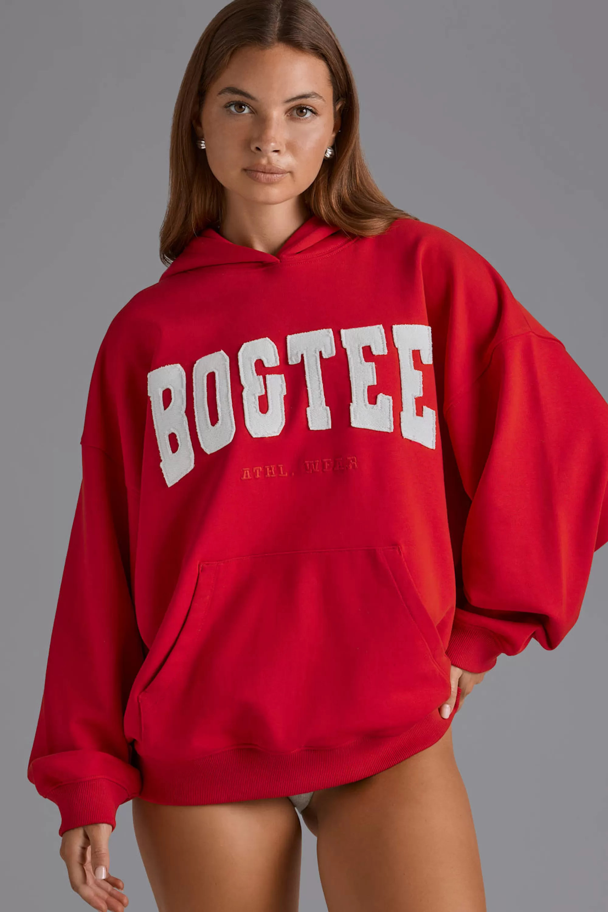 Oh Polly Appliqué Oversized Hoodie in Cherry Red CherryRed Hot