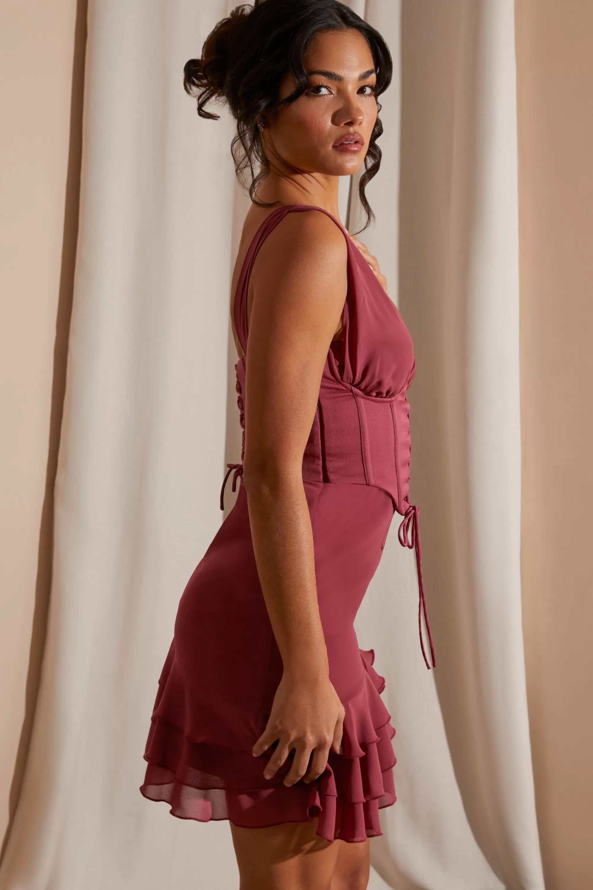 Oh Polly Asymmetric Corset Frill Mini Dress in Dark Mauve DarkMauve Shop