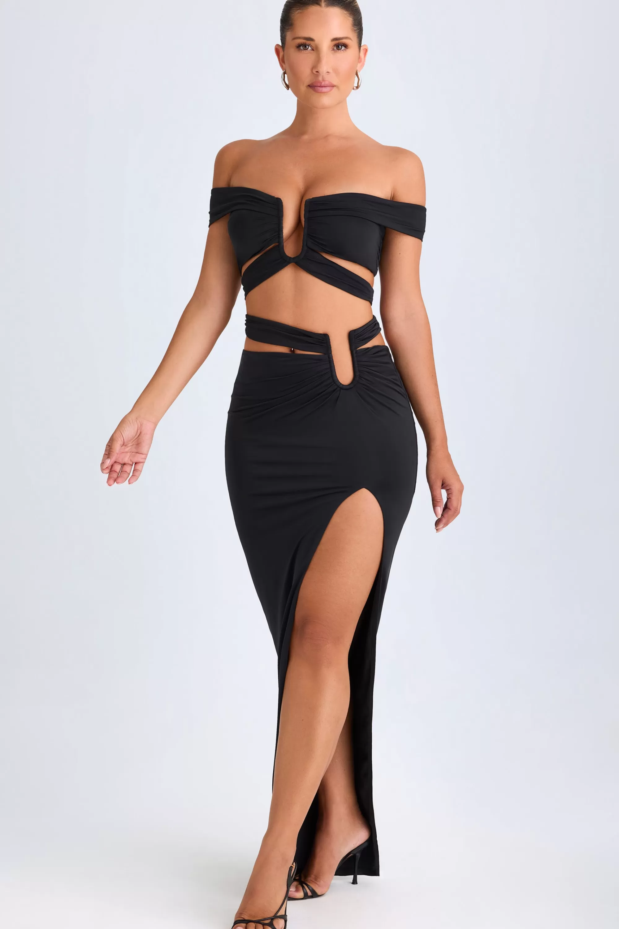 Oh Polly Asymmetric Cut-Out Maxi Skirt in Black Best Sale