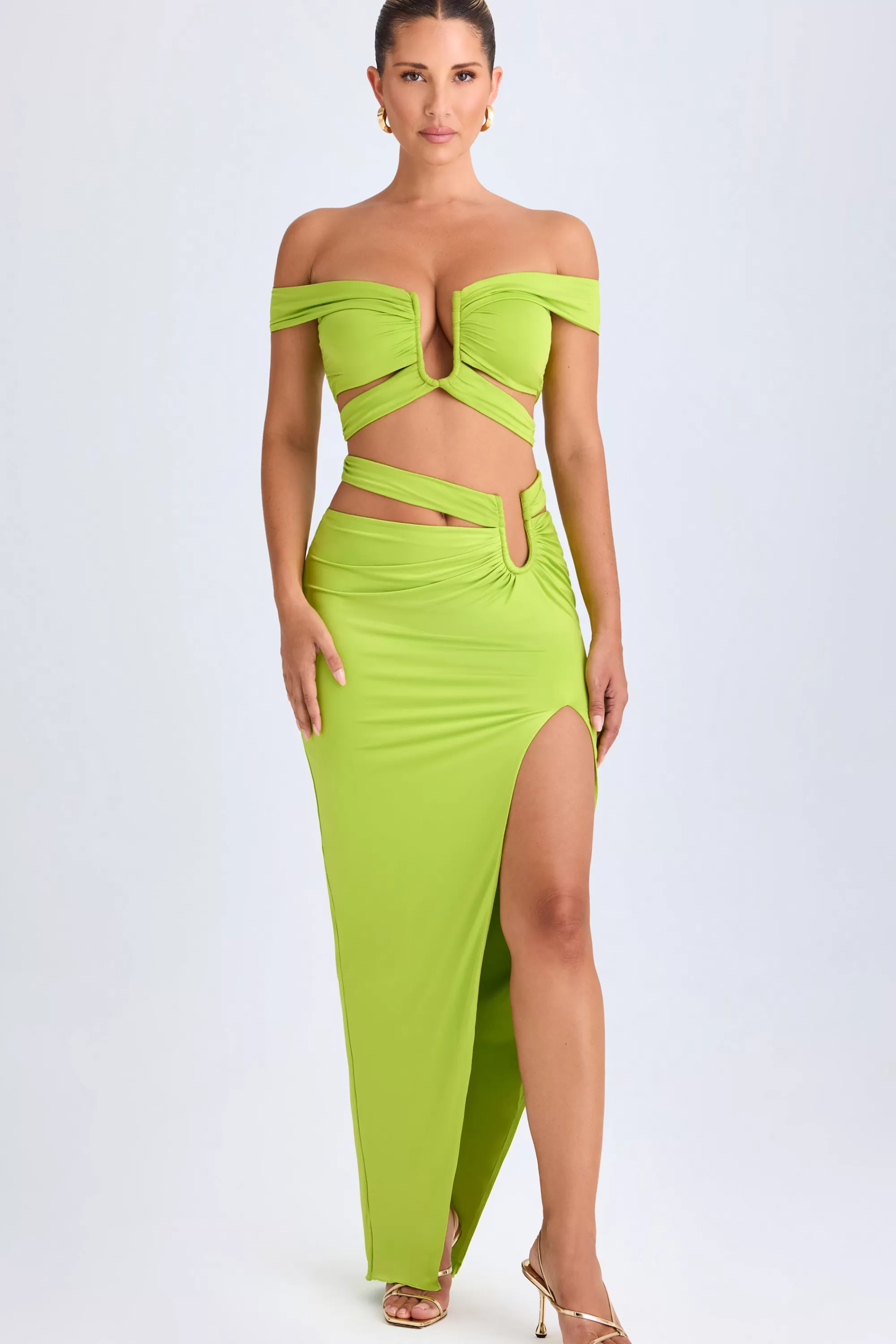 Oh Polly Asymmetric Cut-Out Maxi Skirt in Lime Green LimeGreen Flash Sale