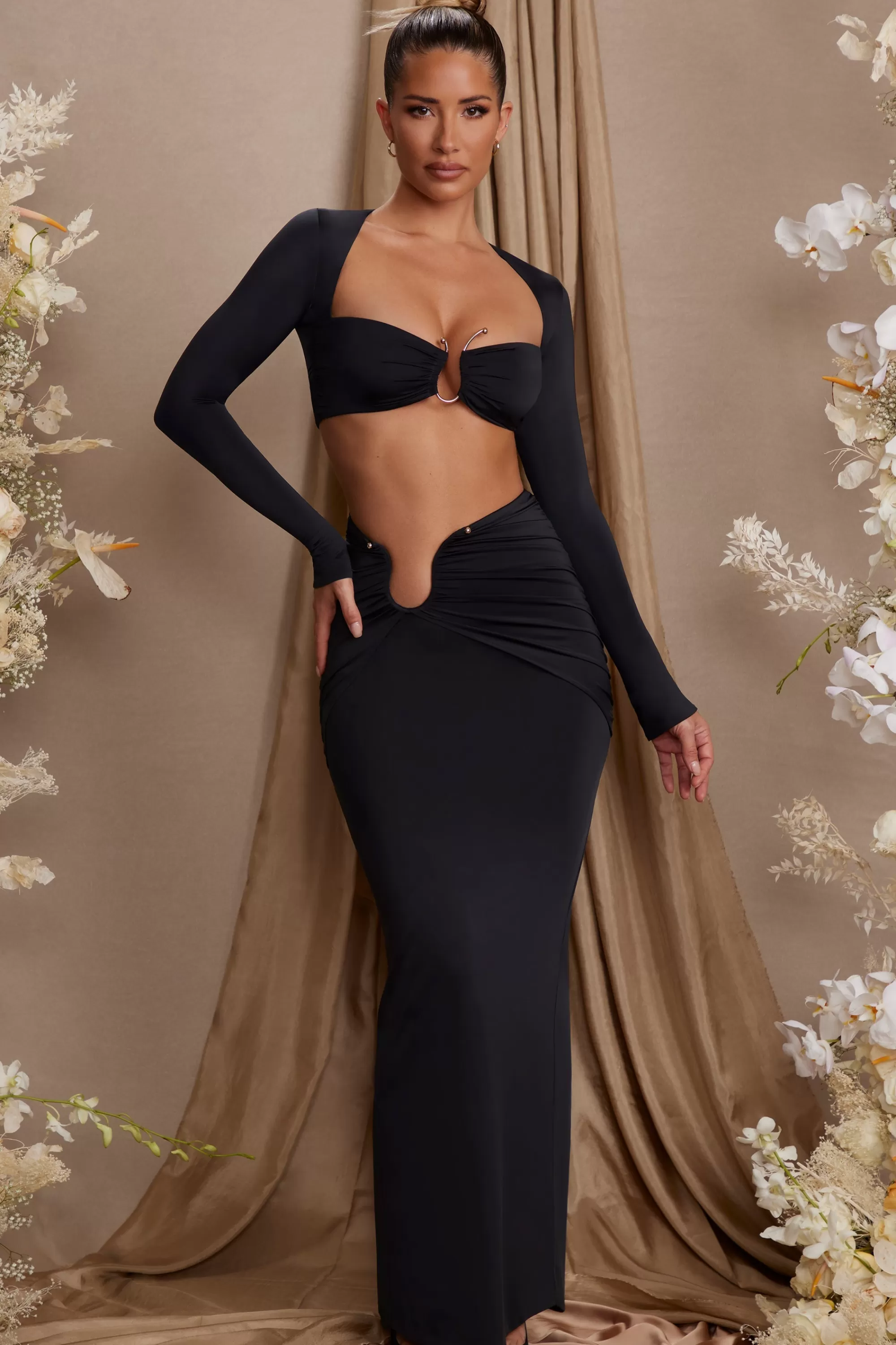 Oh Polly Asymmetric Draped Maxi Skirt in Black Fashion