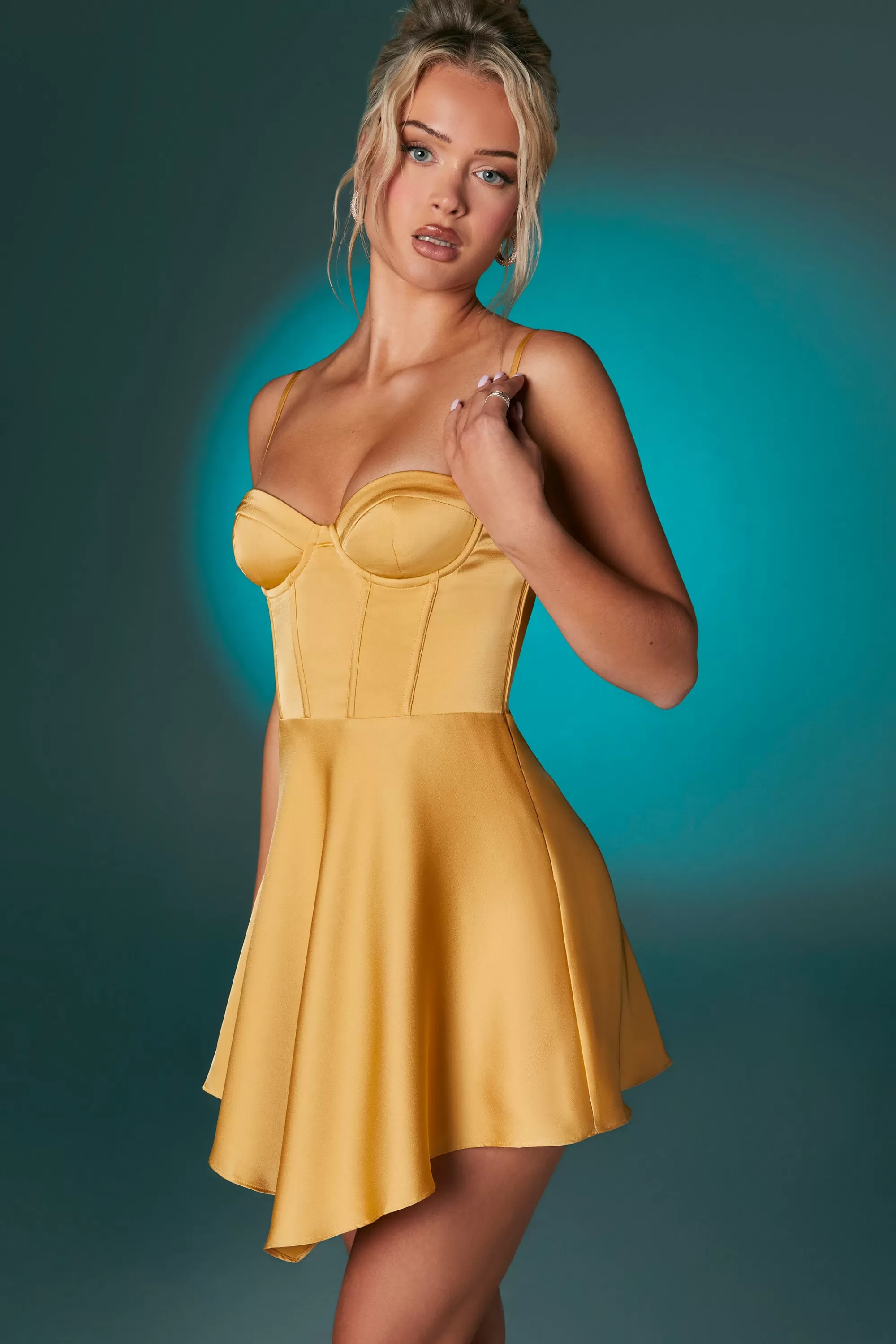 Oh Polly Asymmetric Hem Corset Mini Dress in Gold Shop