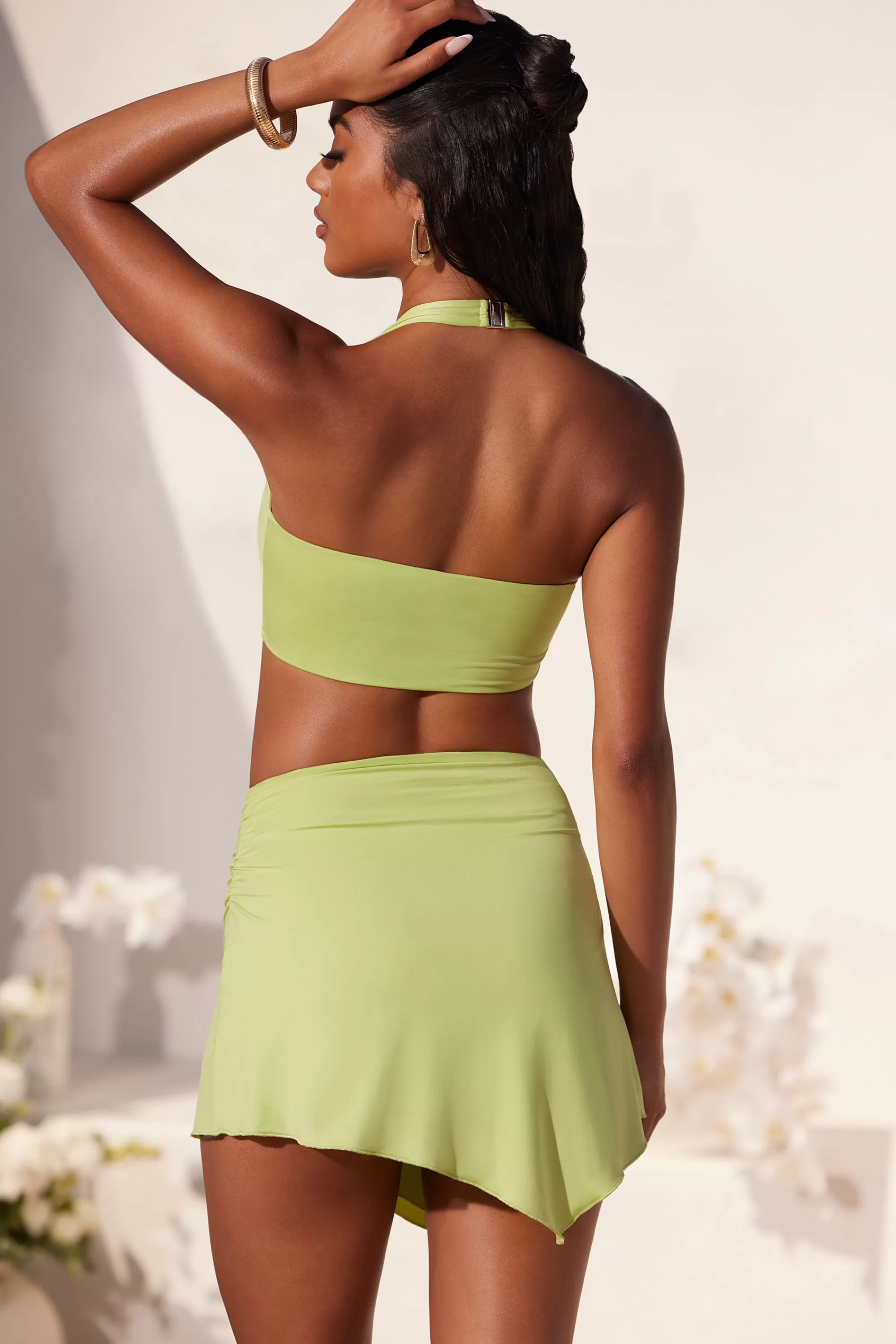 Oh Polly Asymmetric Hem Hardware Detail Mini Skirt in Lime Green LimeGreen Hot