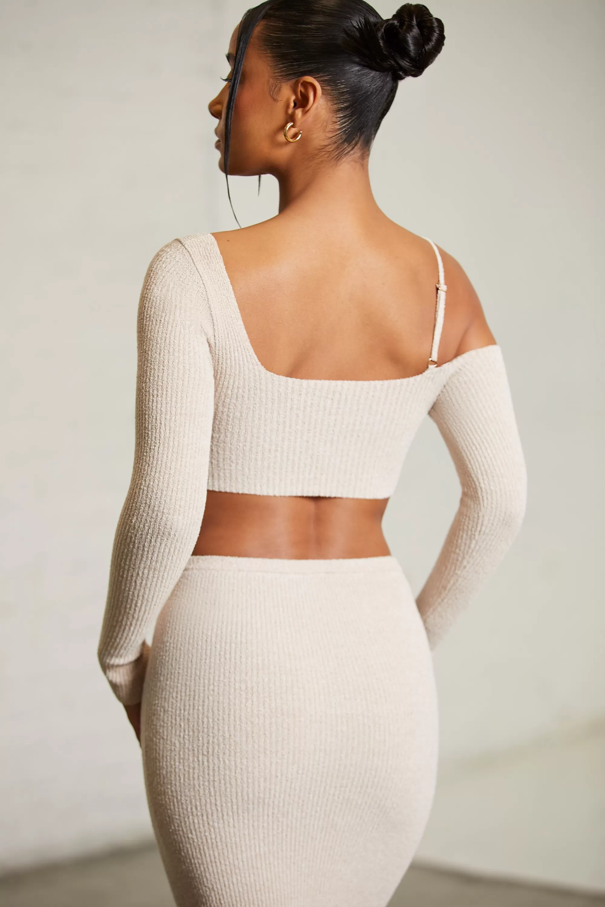 Oh Polly Asymmetric Long Sleeve Crop Top in Beige Fashion