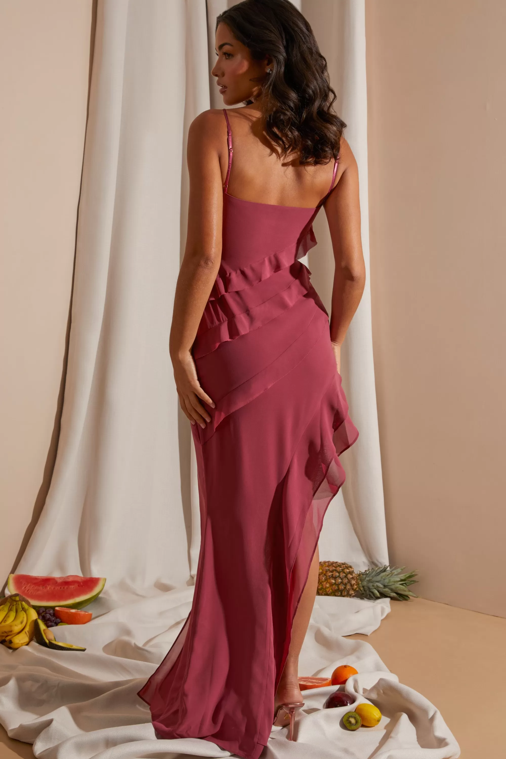 Oh Polly Asymmetric Multi Strap Ruffle Detail Maxi Dress in Dark Mauve DarkMauve Hot
