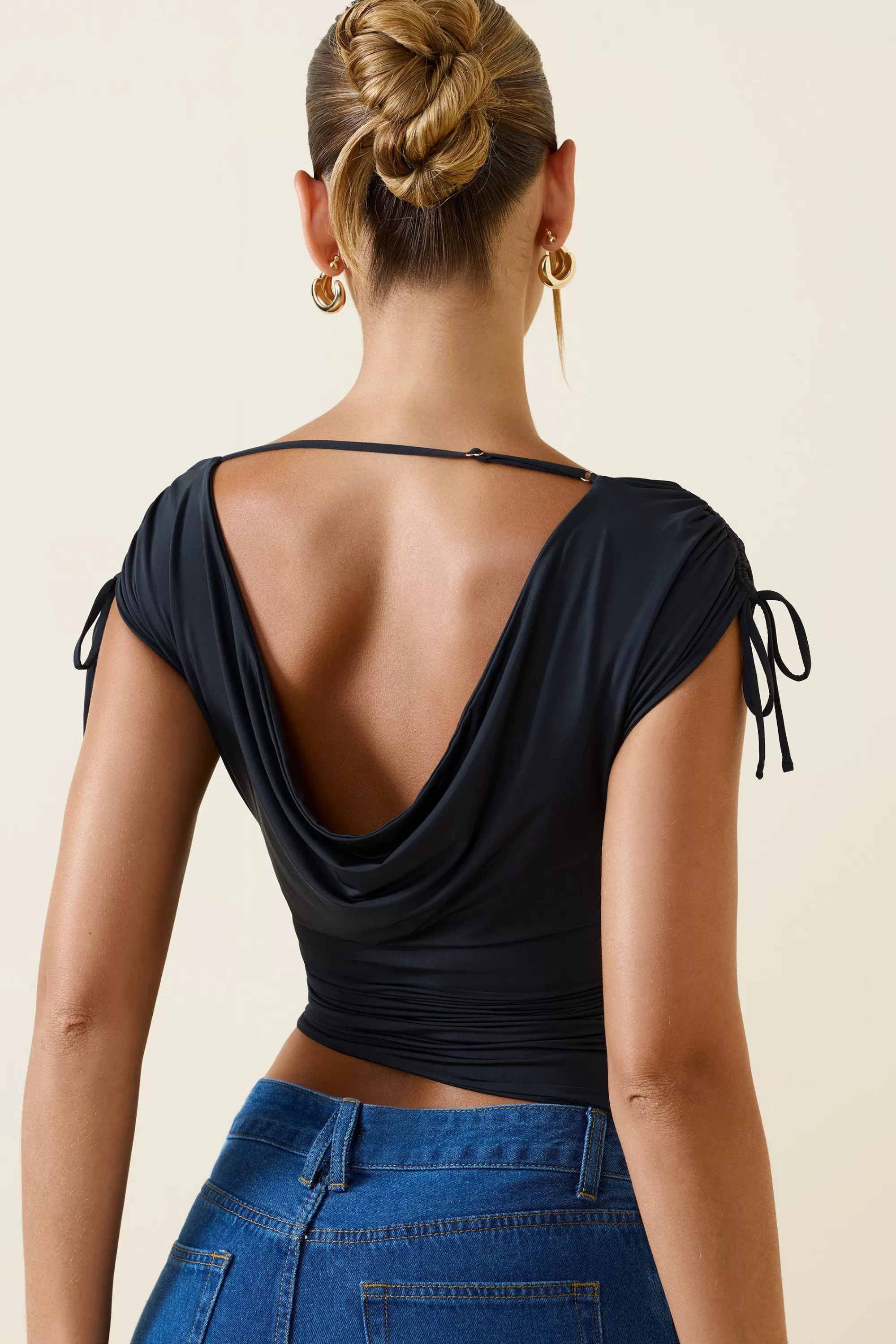 Oh Polly Asymmetric Ruched Cowl-Back Crop Top in Black Best Sale