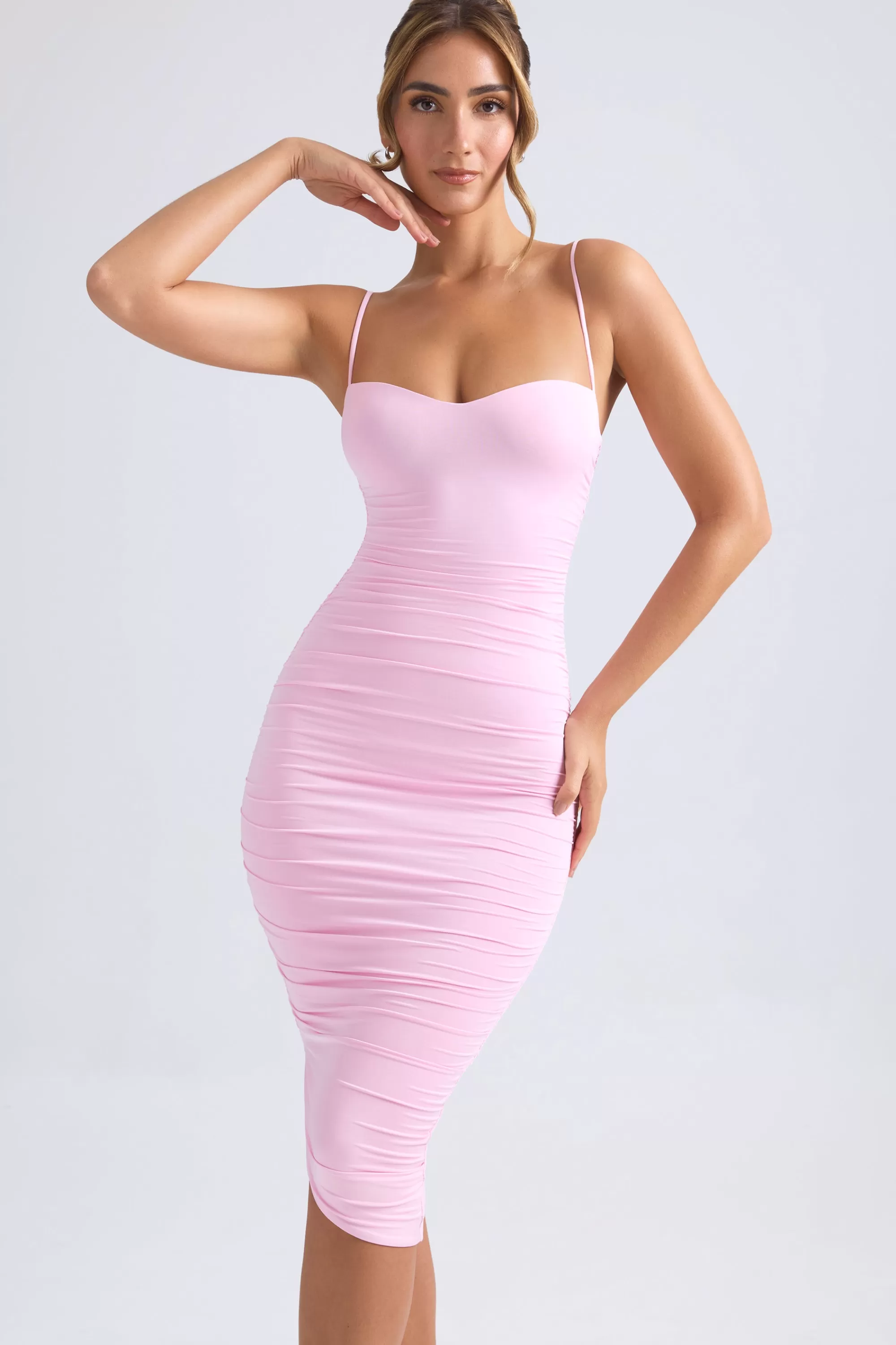 Oh Polly Asymmetric Ruched Midi Dress in Light Pink LightPink Cheap