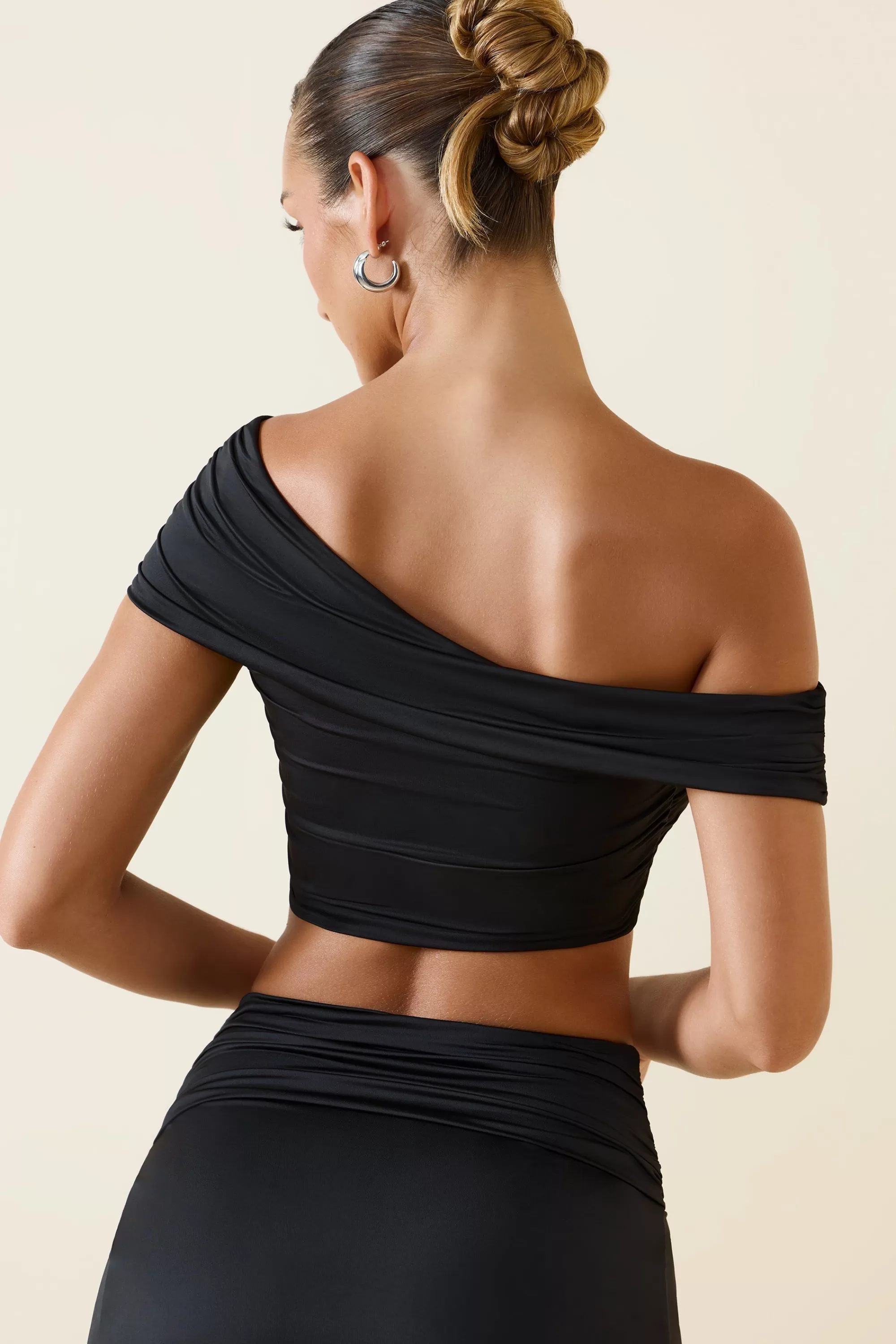 Oh Polly Asymmetric Ruched Off-Shoulder Crop Top in Black Online