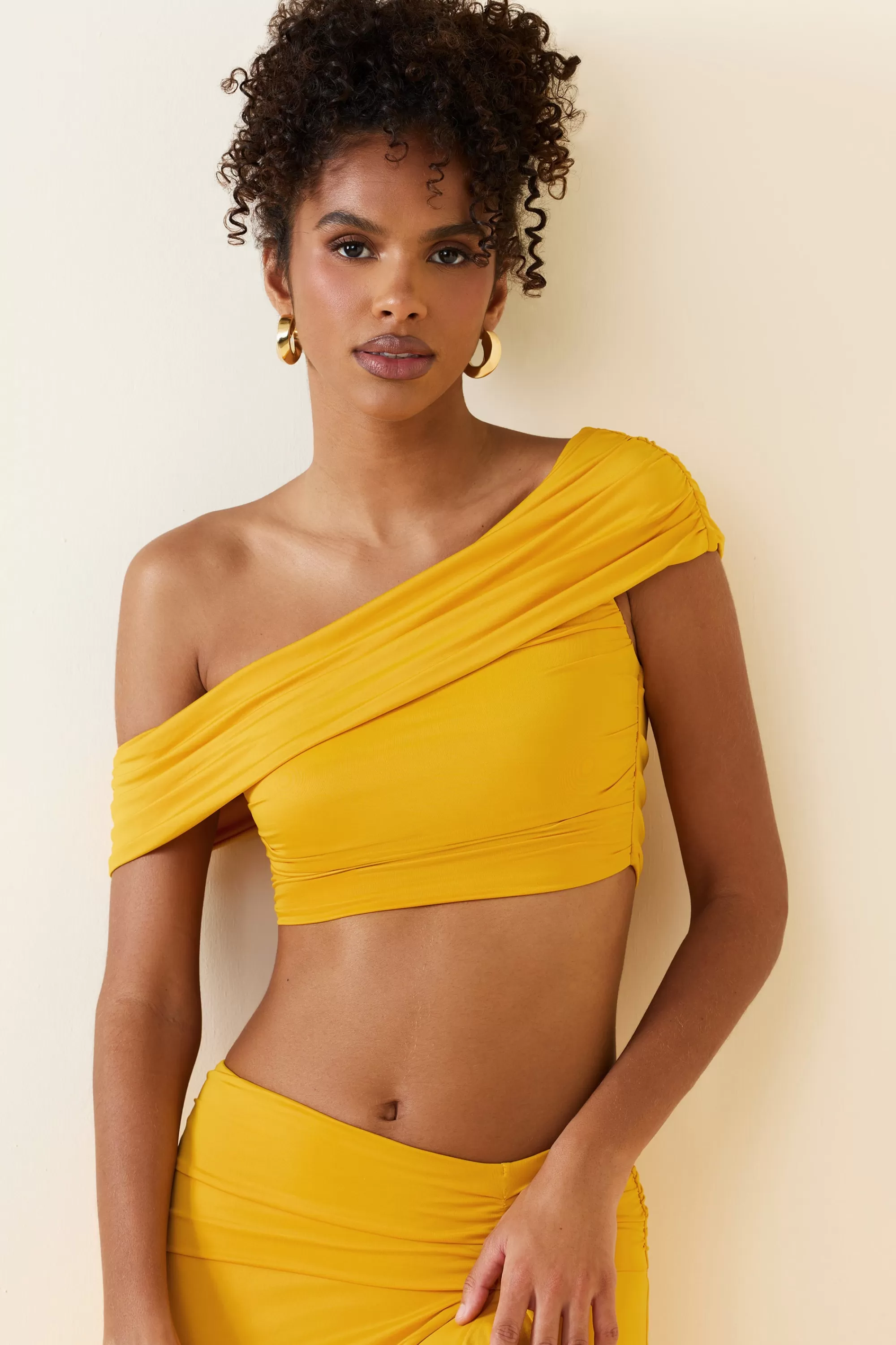 Oh Polly Asymmetric Ruched Off-Shoulder Crop Top in Golden Yellow GoldenYellow Cheap