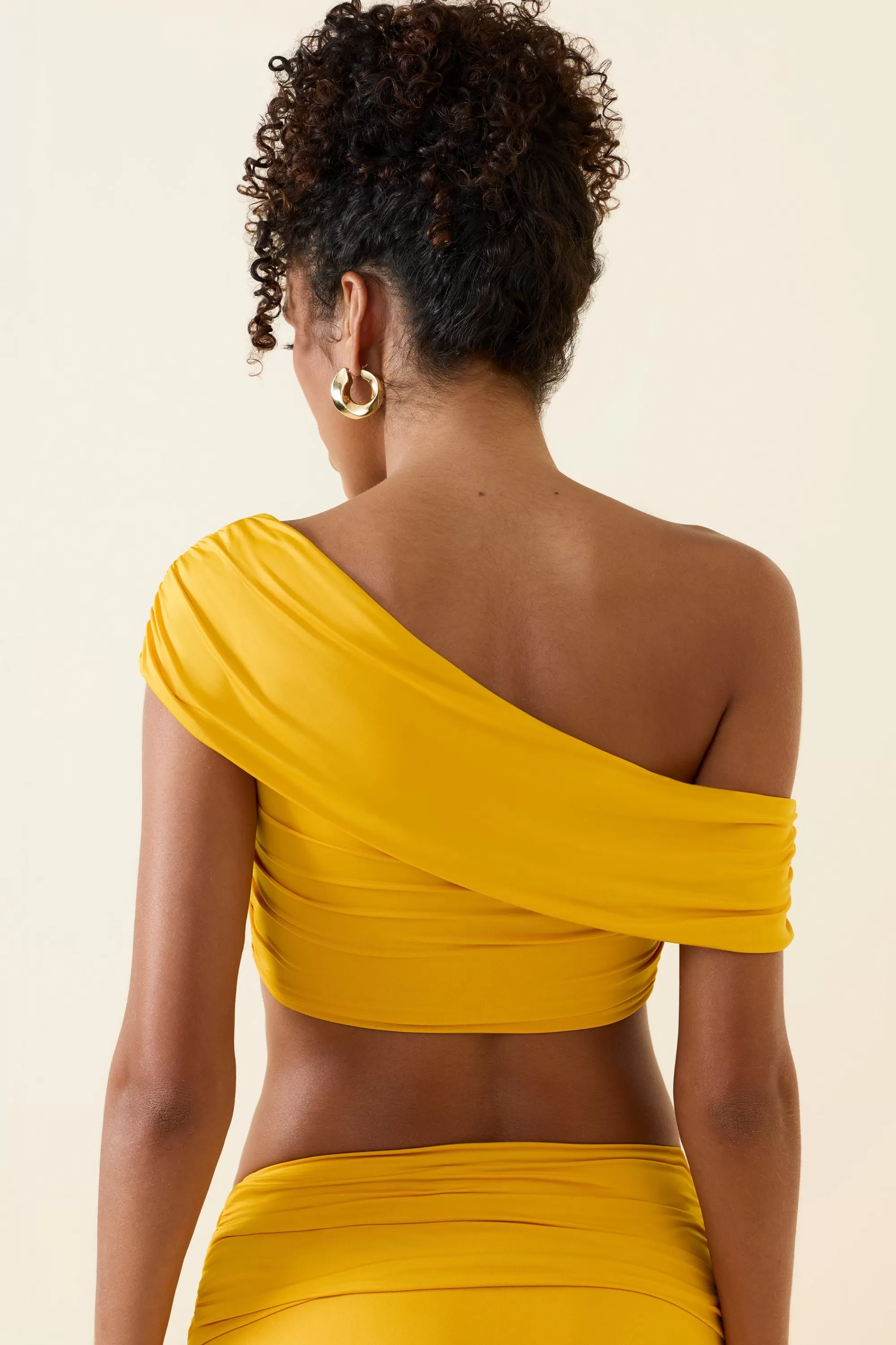 Oh Polly Asymmetric Ruched Off-Shoulder Crop Top in Golden Yellow GoldenYellow Cheap