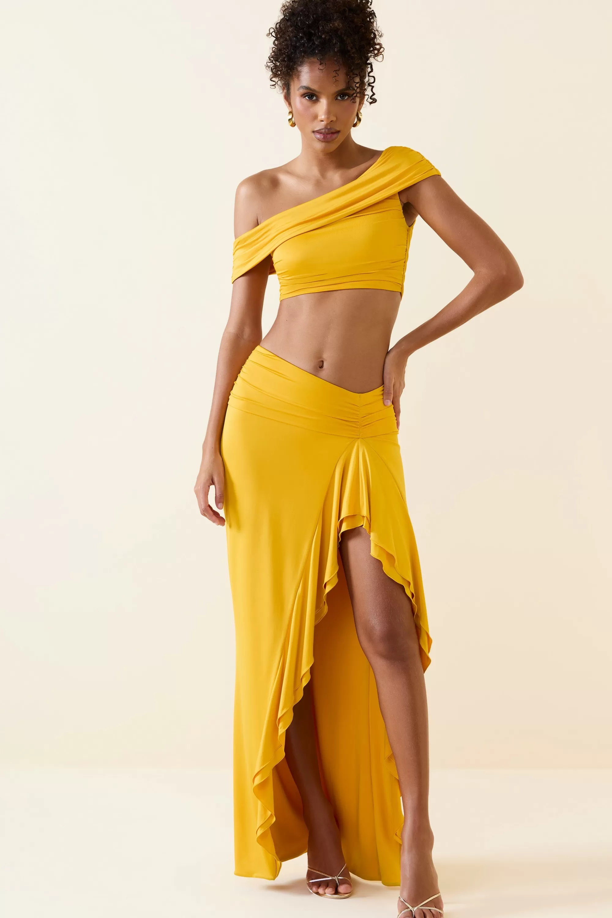 Oh Polly Asymmetric Ruffled Low-Rise Maxi Skirt in Golden Yellow GoldenYellow Outlet