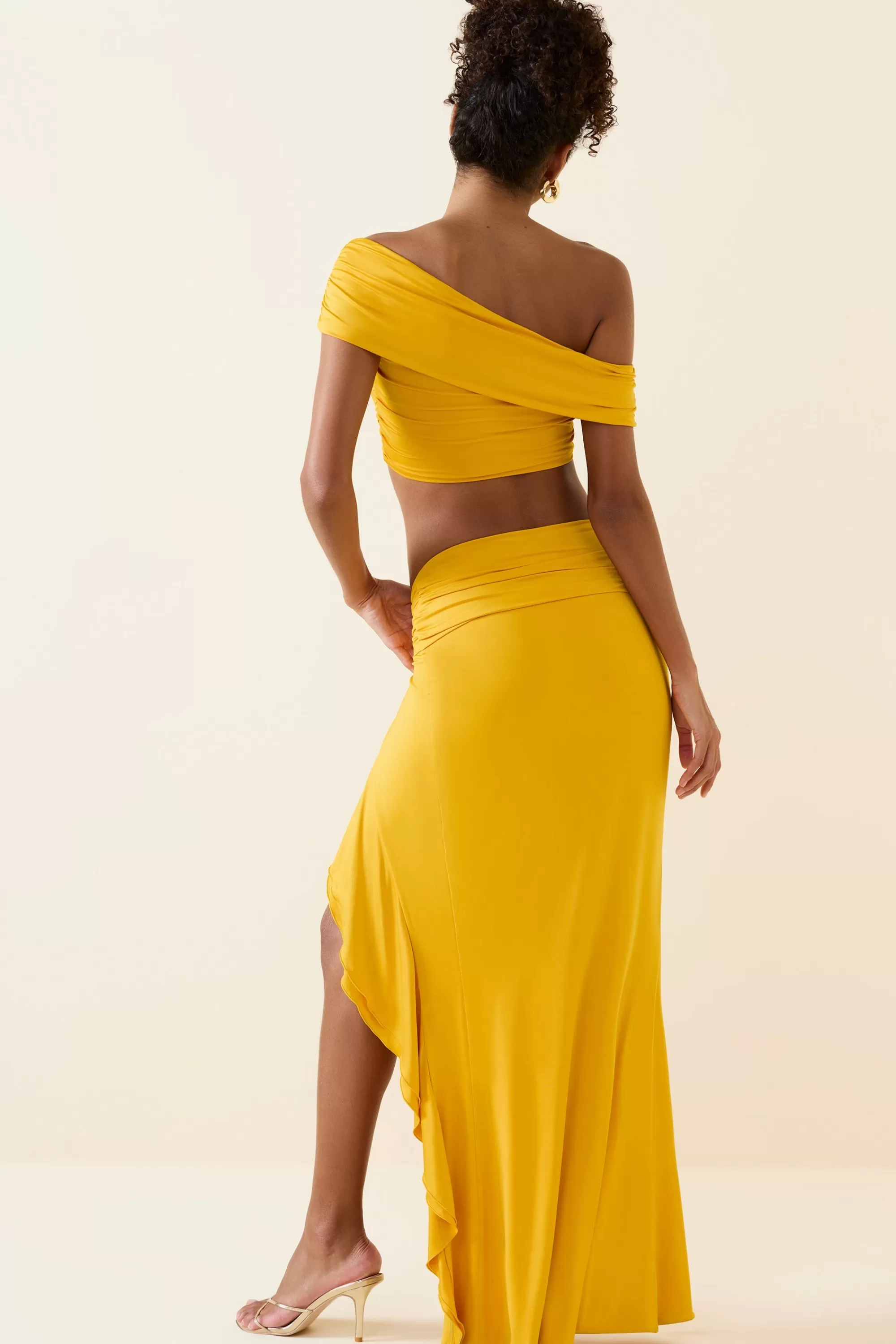 Oh Polly Asymmetric Ruffled Low-Rise Maxi Skirt in Golden Yellow GoldenYellow Outlet