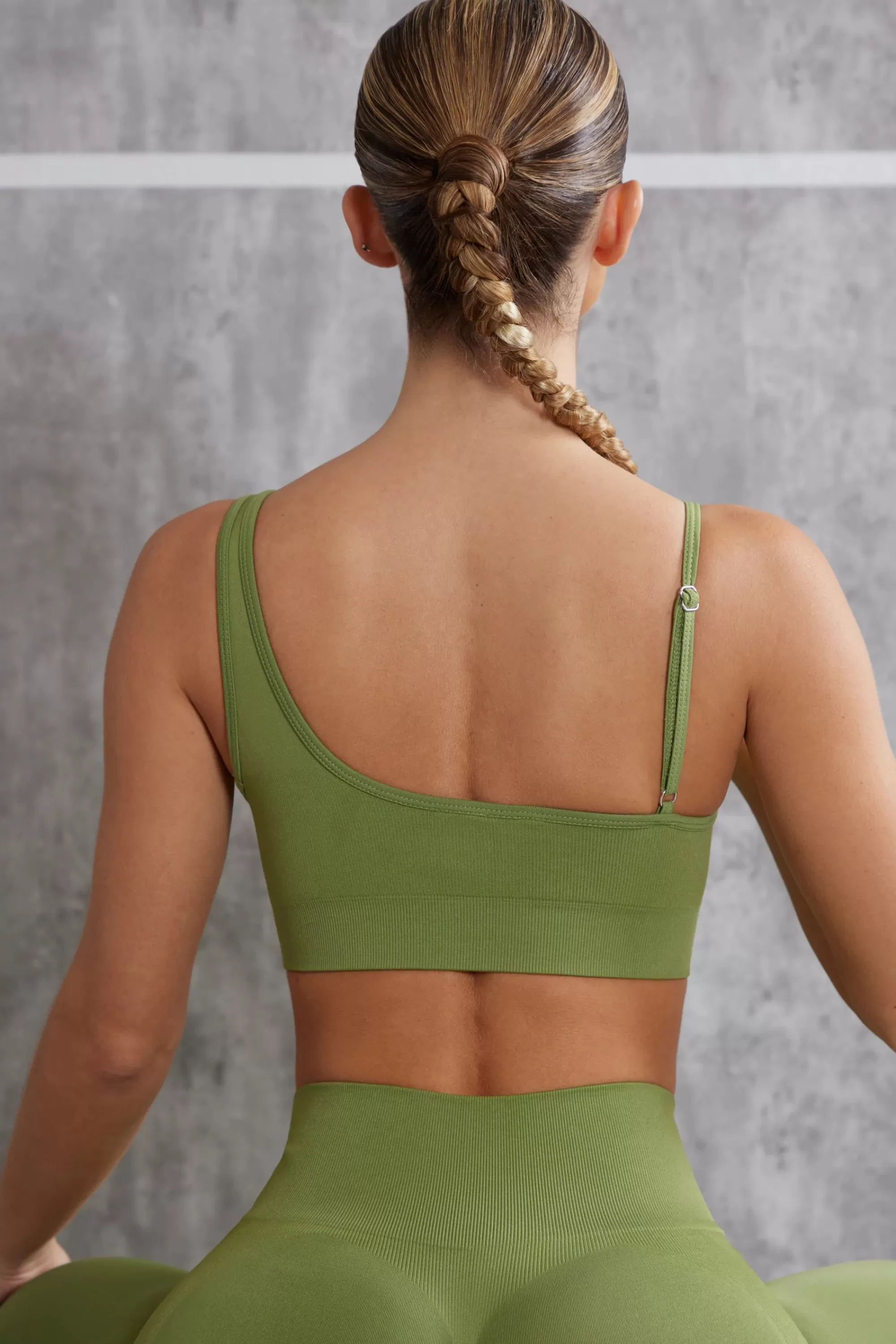 Oh Polly Asymmetric Sports Bra in Olive New