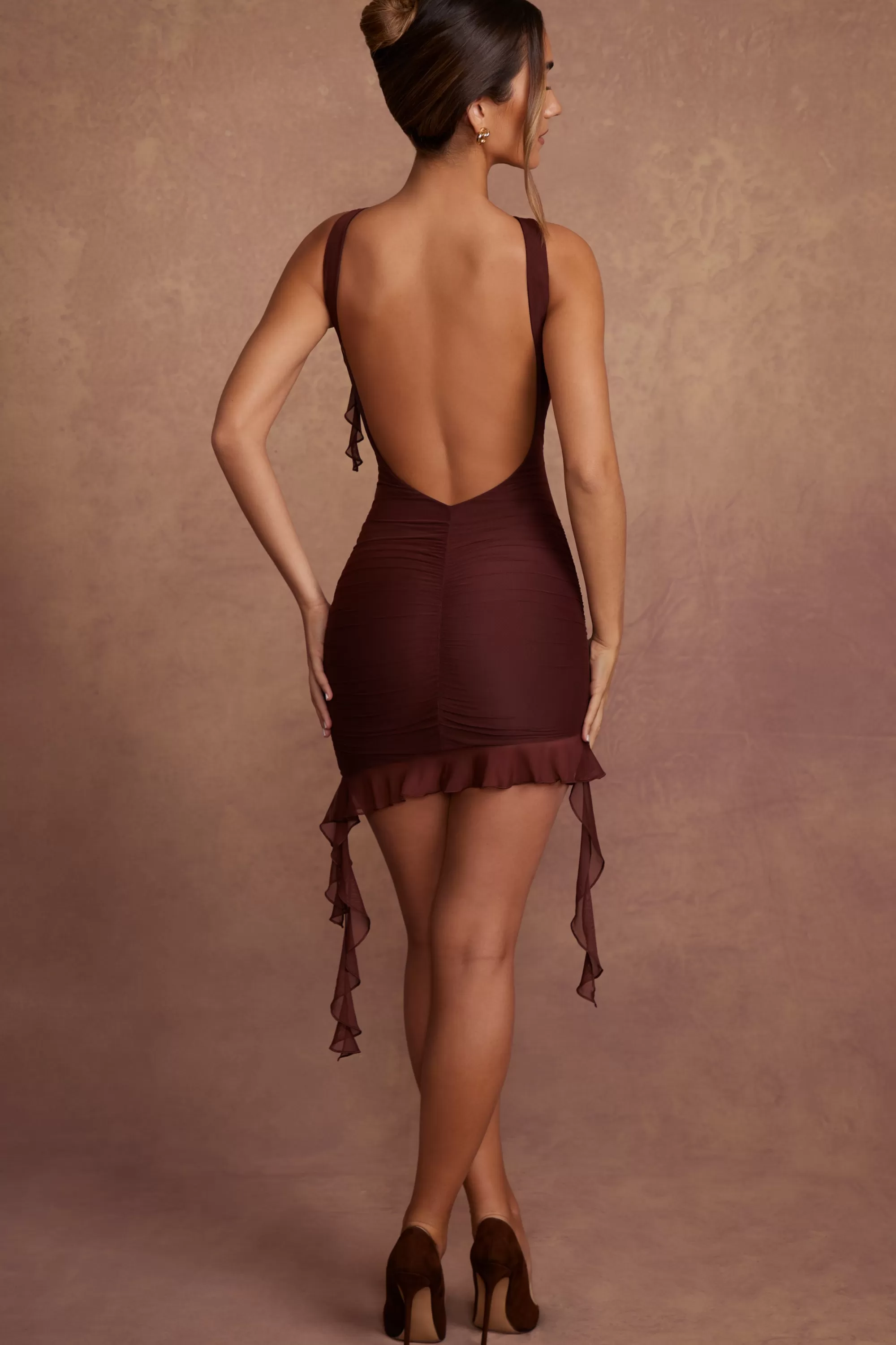 Oh Polly Backless Ruffle Detailing Mini Dress in Brown Flash Sale