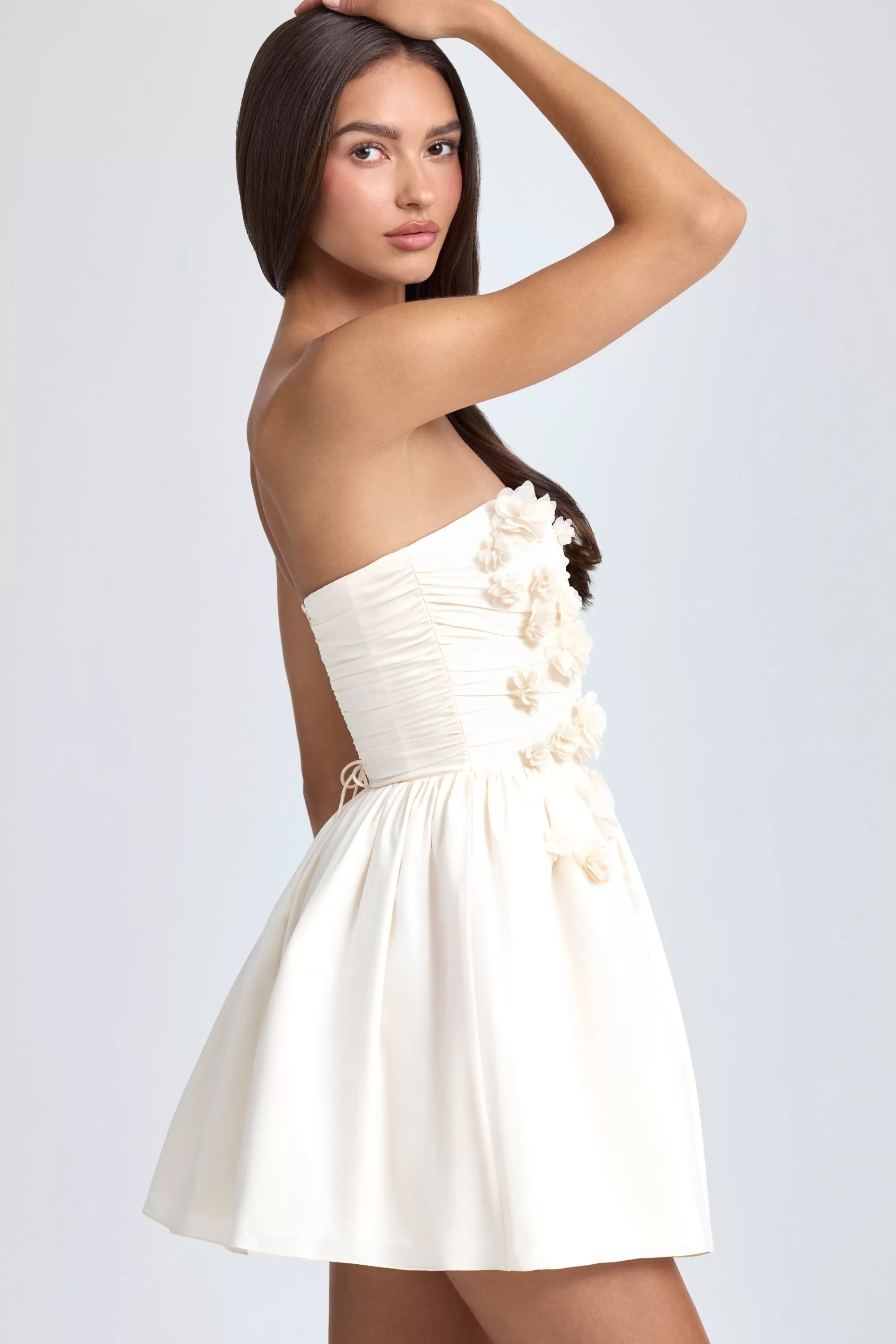 Oh Polly Bandeau Floral-Appliqué Corset Mini Dress in Ivory Store