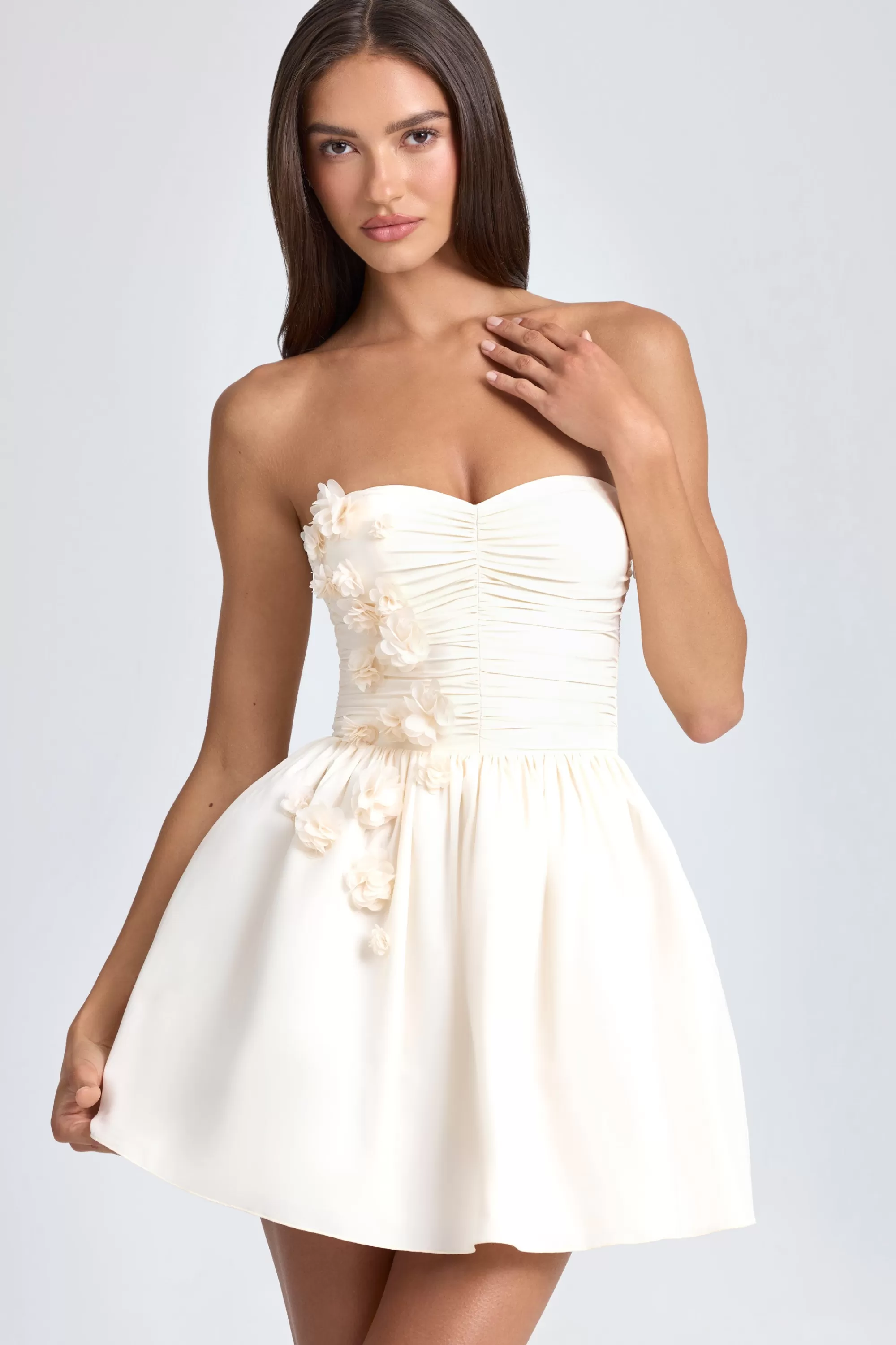 Oh Polly Bandeau Floral-Appliqué Corset Mini Dress in Ivory Store
