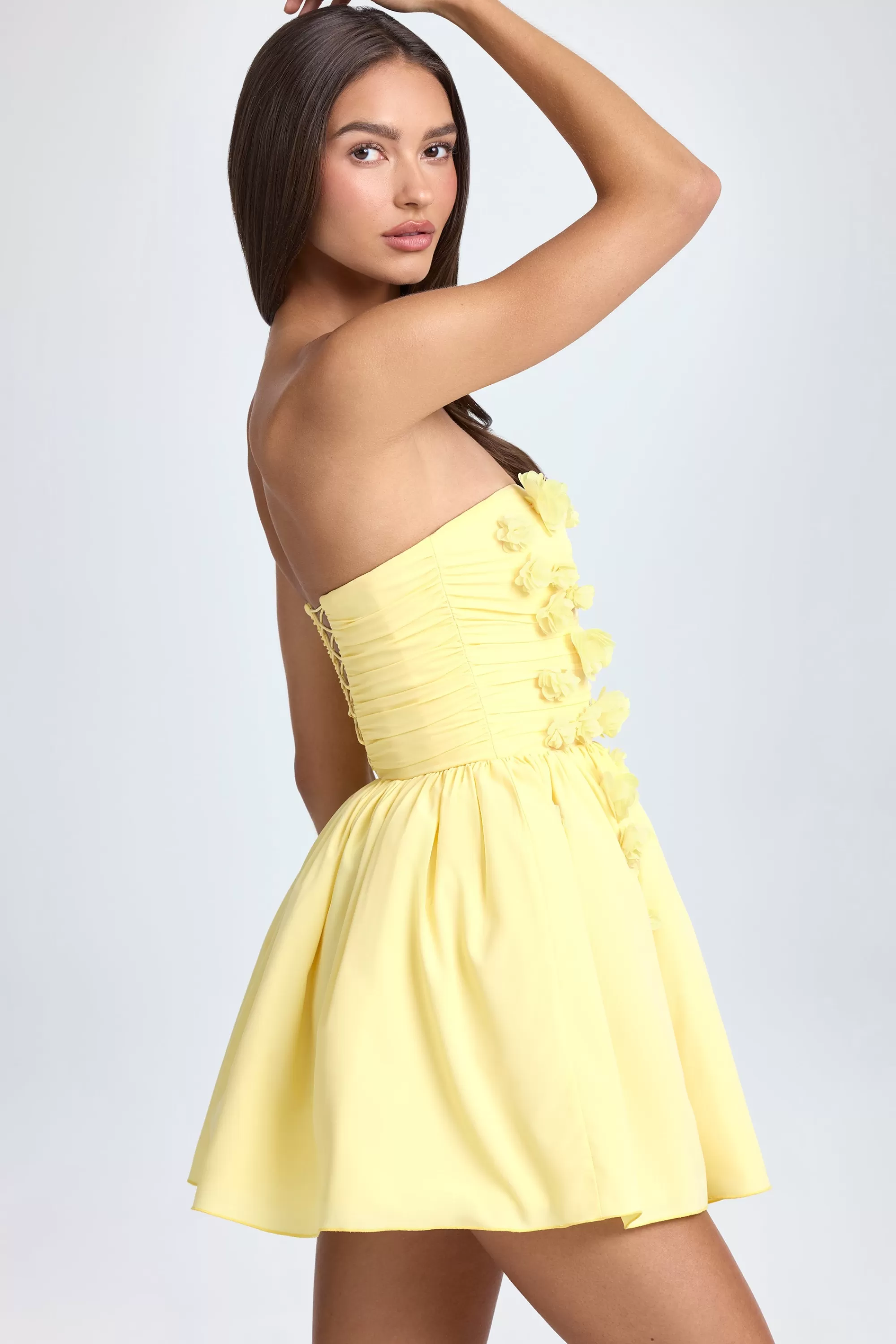 Oh Polly Bandeau Floral-Appliqué Corset Mini Dress in Lemon Sherbet LemonSherbet Cheap