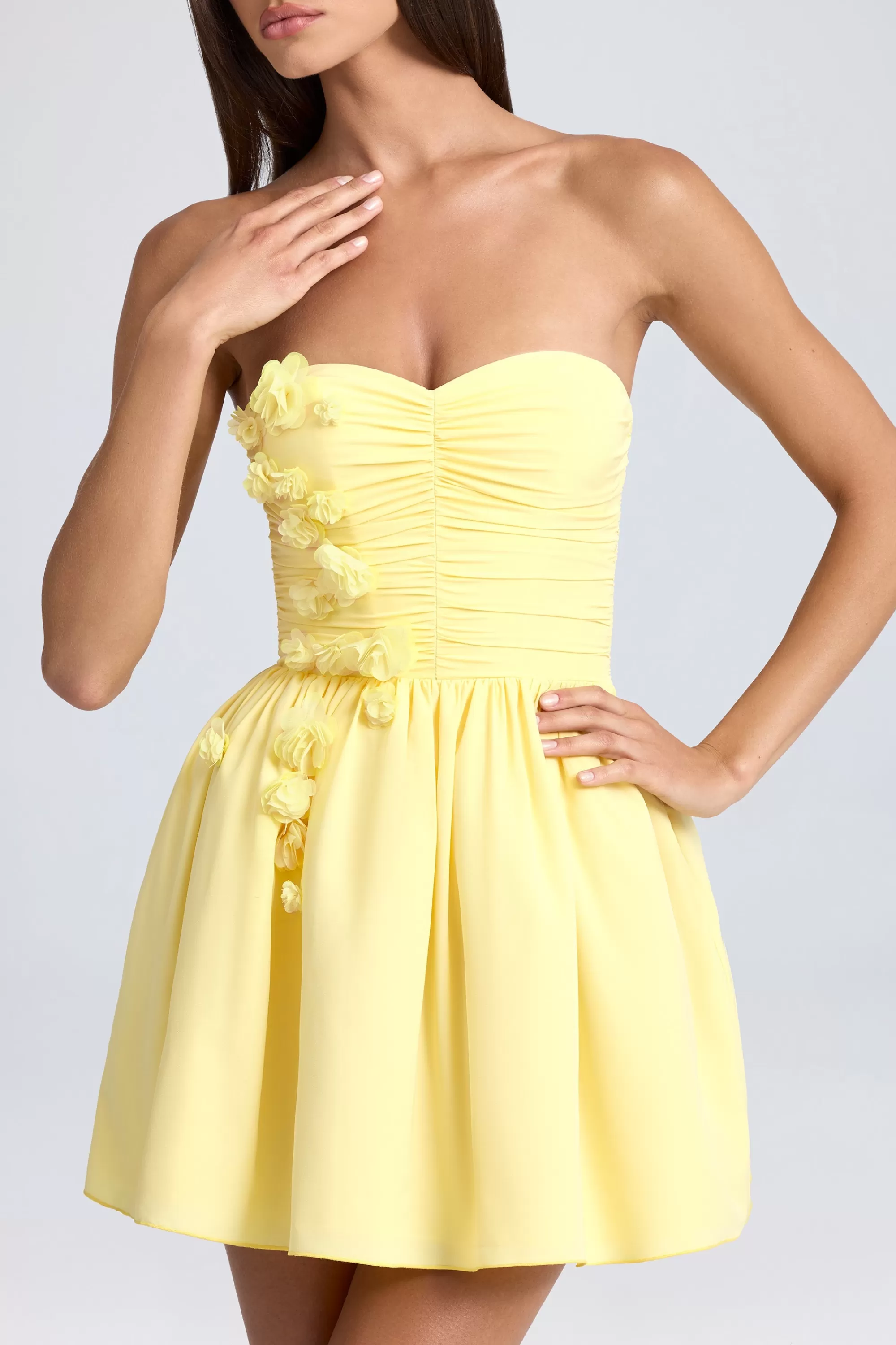 Oh Polly Bandeau Floral-Appliqué Corset Mini Dress in Lemon Sherbet LemonSherbet Cheap