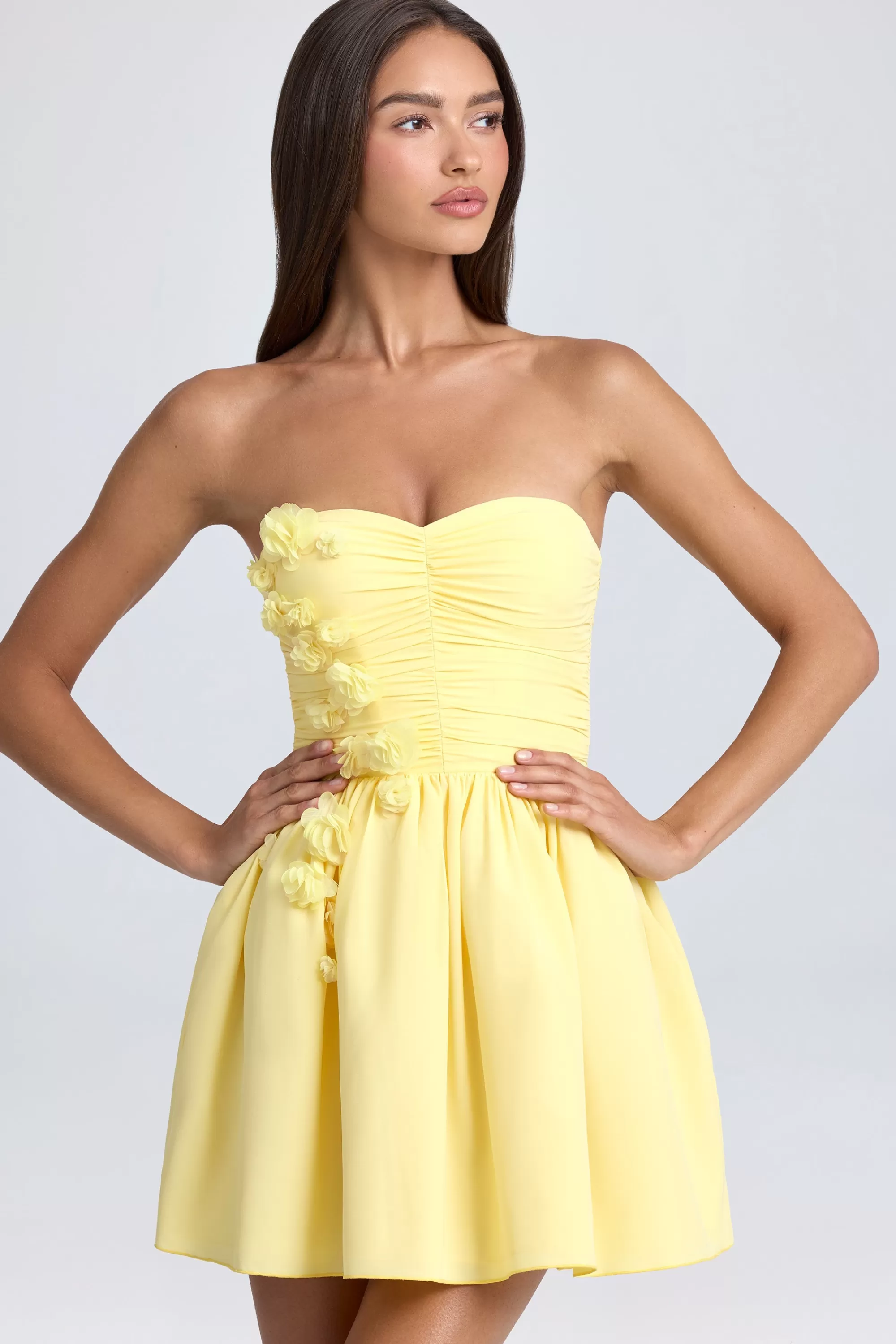 Oh Polly Bandeau Floral-Appliqué Corset Mini Dress in Lemon Sherbet LemonSherbet Cheap