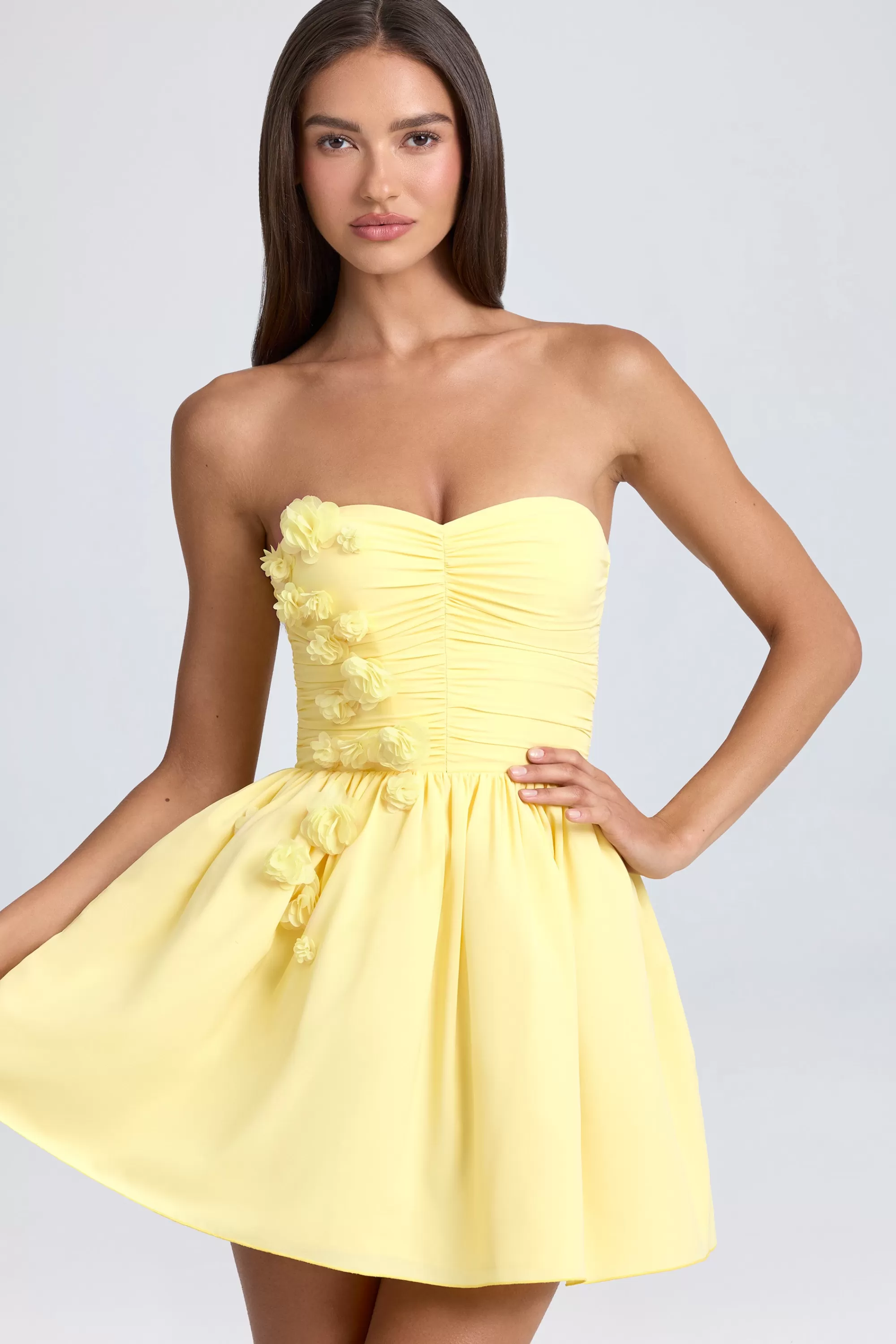Oh Polly Bandeau Floral-Appliqué Corset Mini Dress in Lemon Sherbet LemonSherbet Cheap