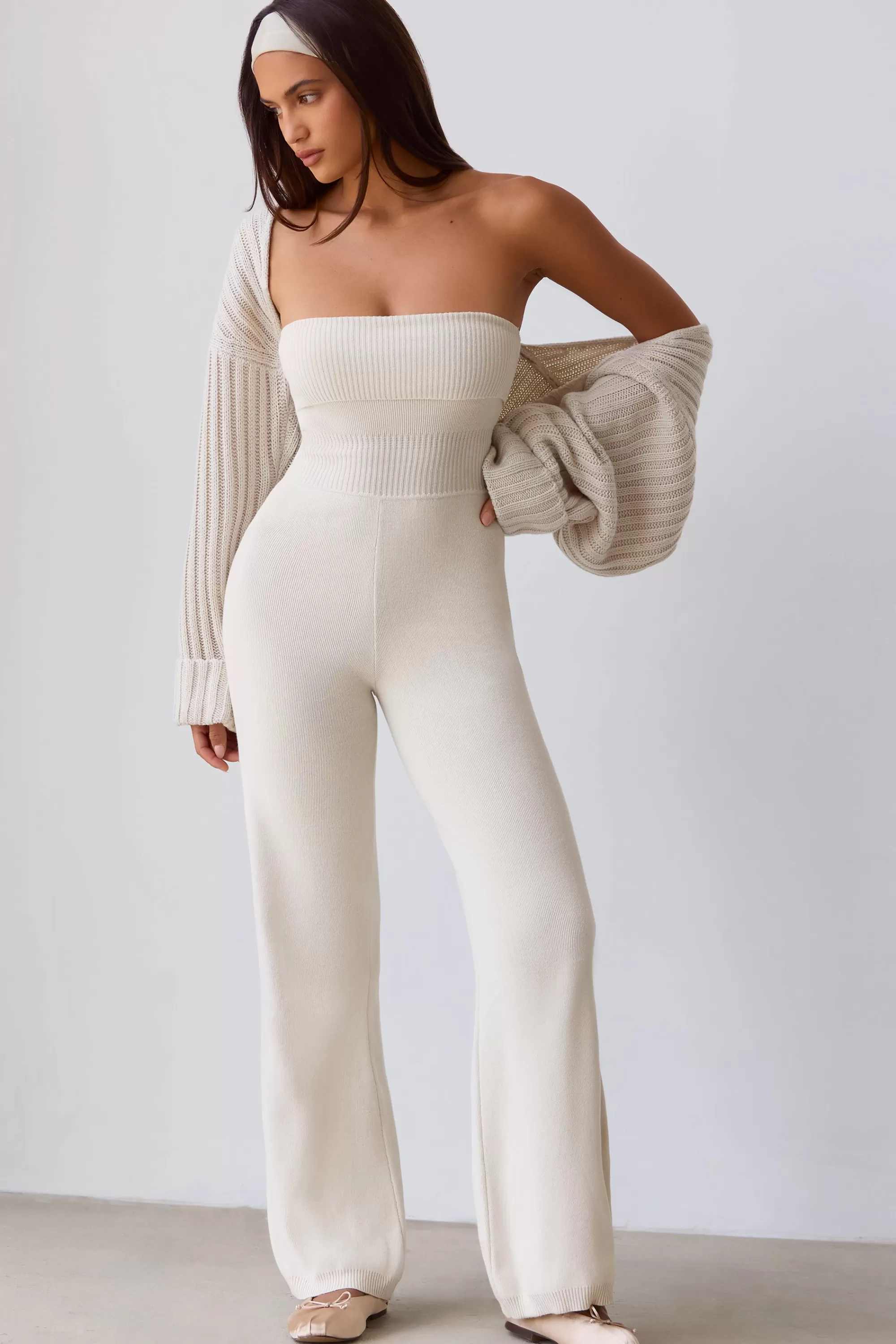 Oh Polly Bandeau Kick Flare Chunky Knit Jumpsuit in Cream Cheap