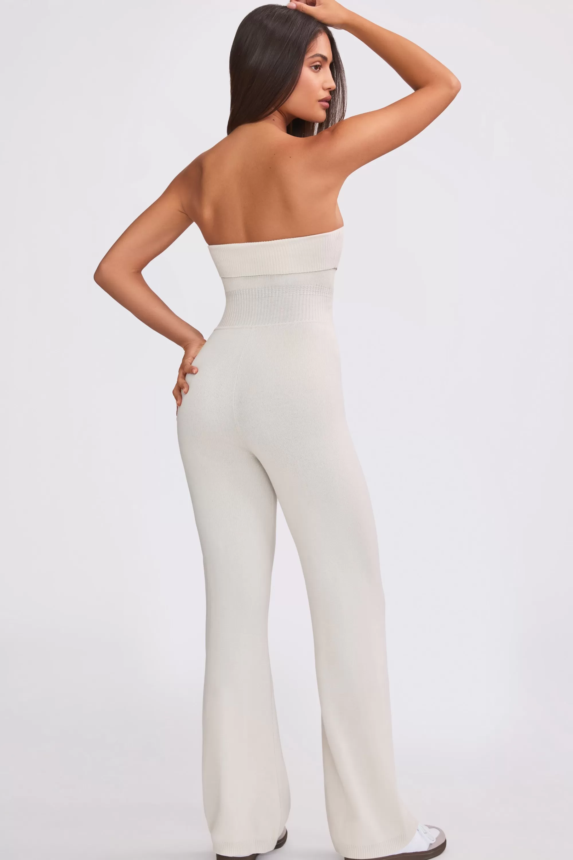 Oh Polly Bandeau Kick Flare Chunky Knit Jumpsuit in Cream Cheap