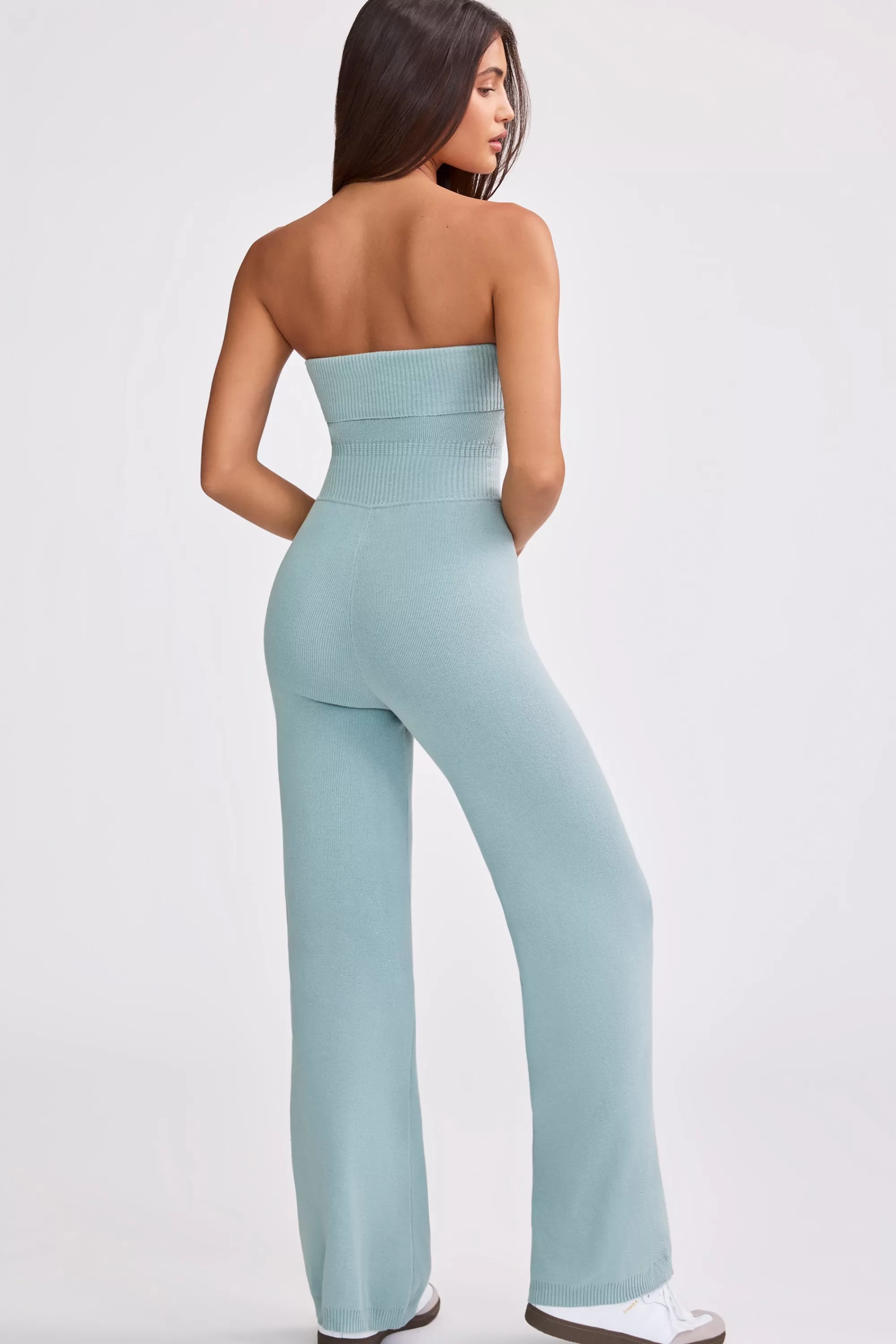 Oh Polly Bandeau Kick Flare Chunky Knit Jumpsuit in Dusty Teal DustyTeal Clearance