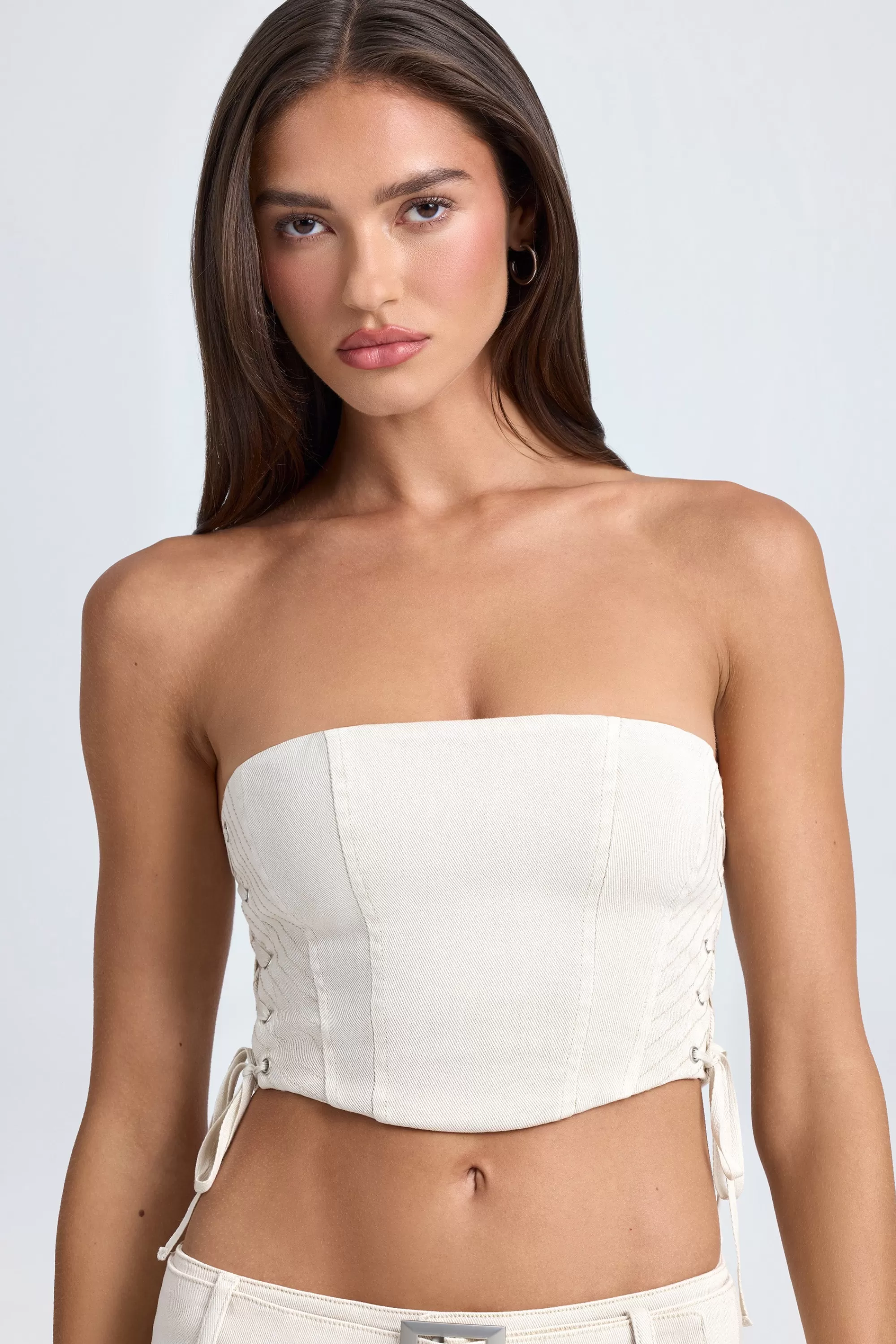 Oh Polly Bandeau Lace-Up Corset Crop Top in Ecru Online