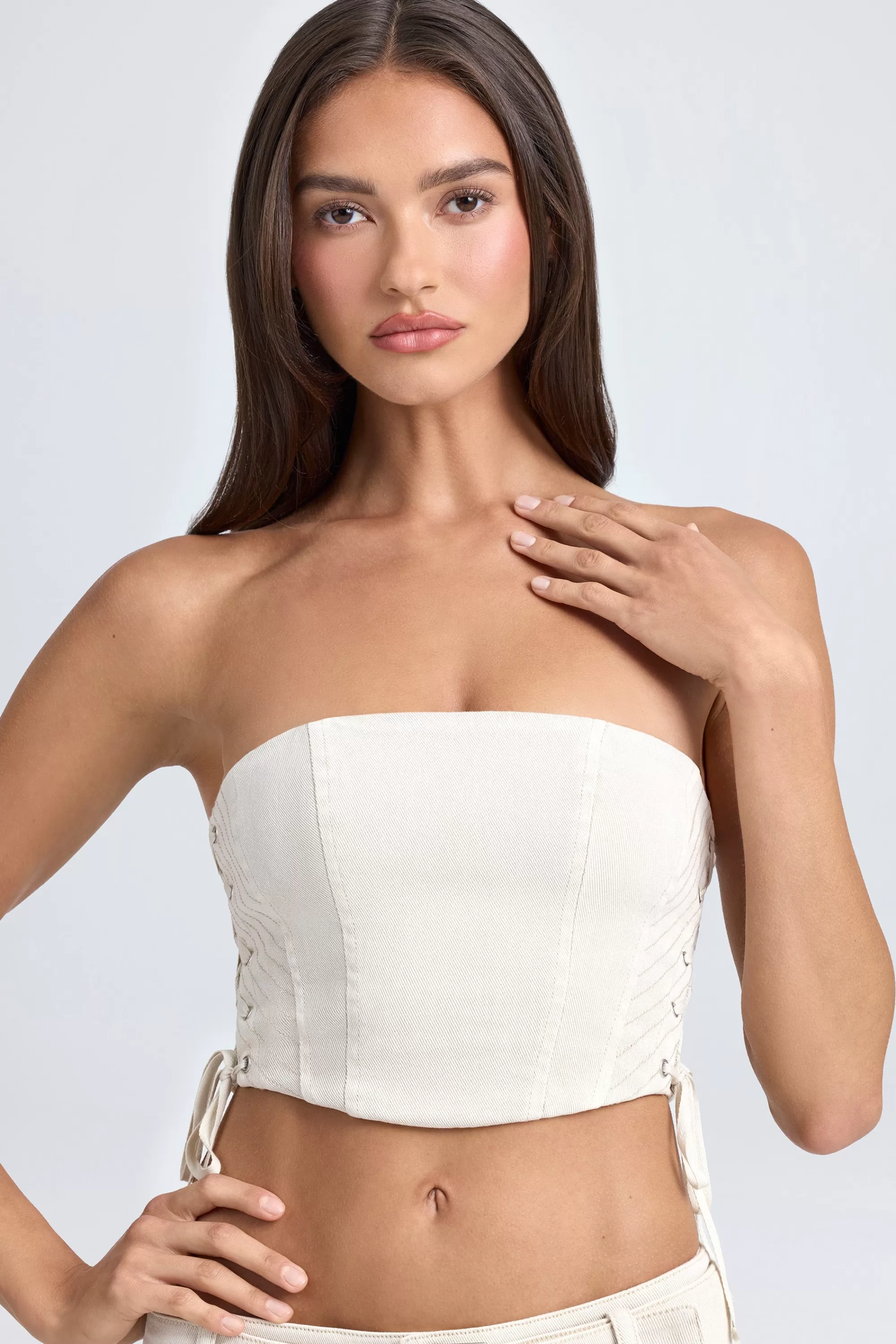 Oh Polly Bandeau Lace-Up Corset Crop Top in Ecru Online