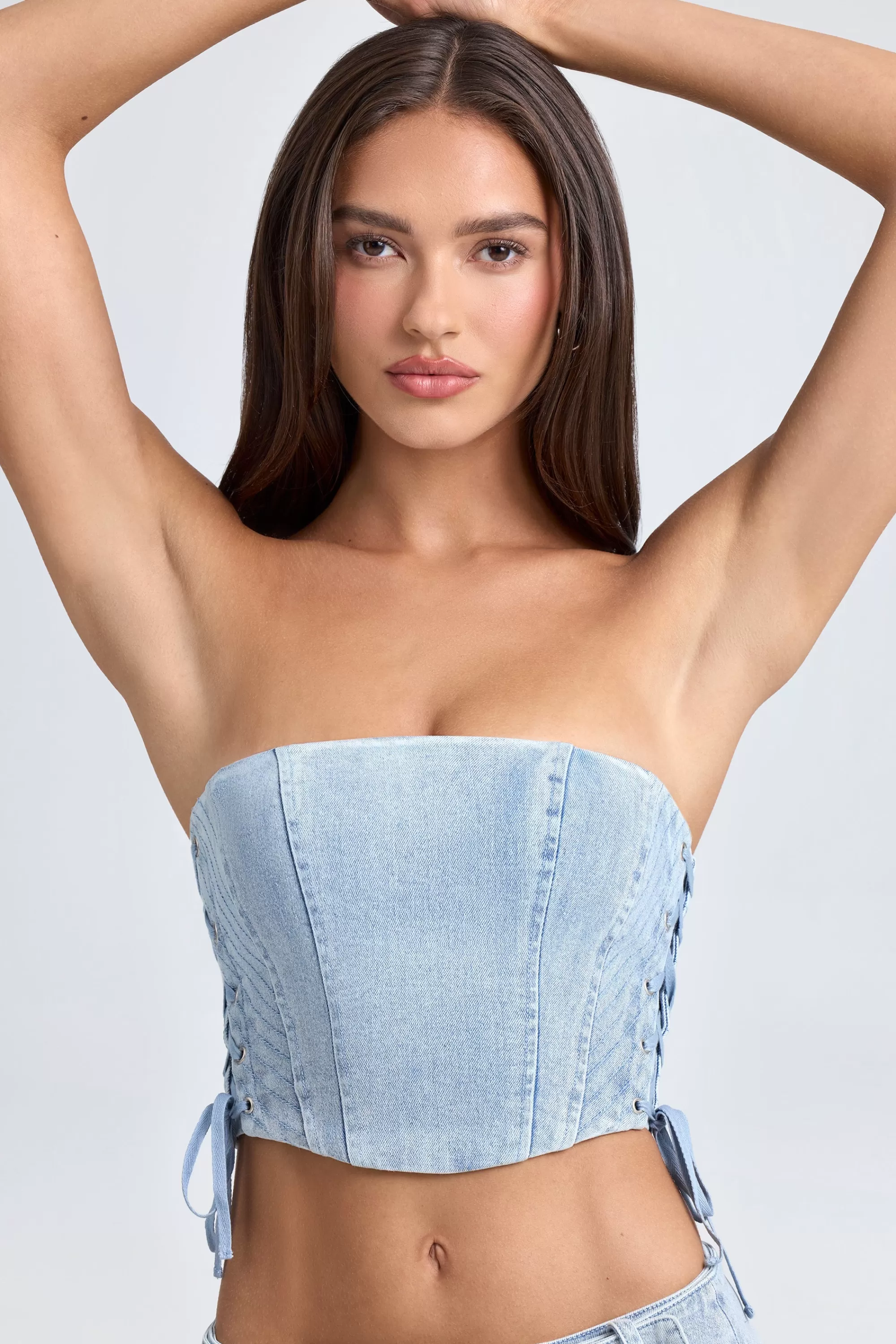 Oh Polly Bandeau Lace-Up Corset Crop Top in Light Blue Stonewash LightBlueStonewash New