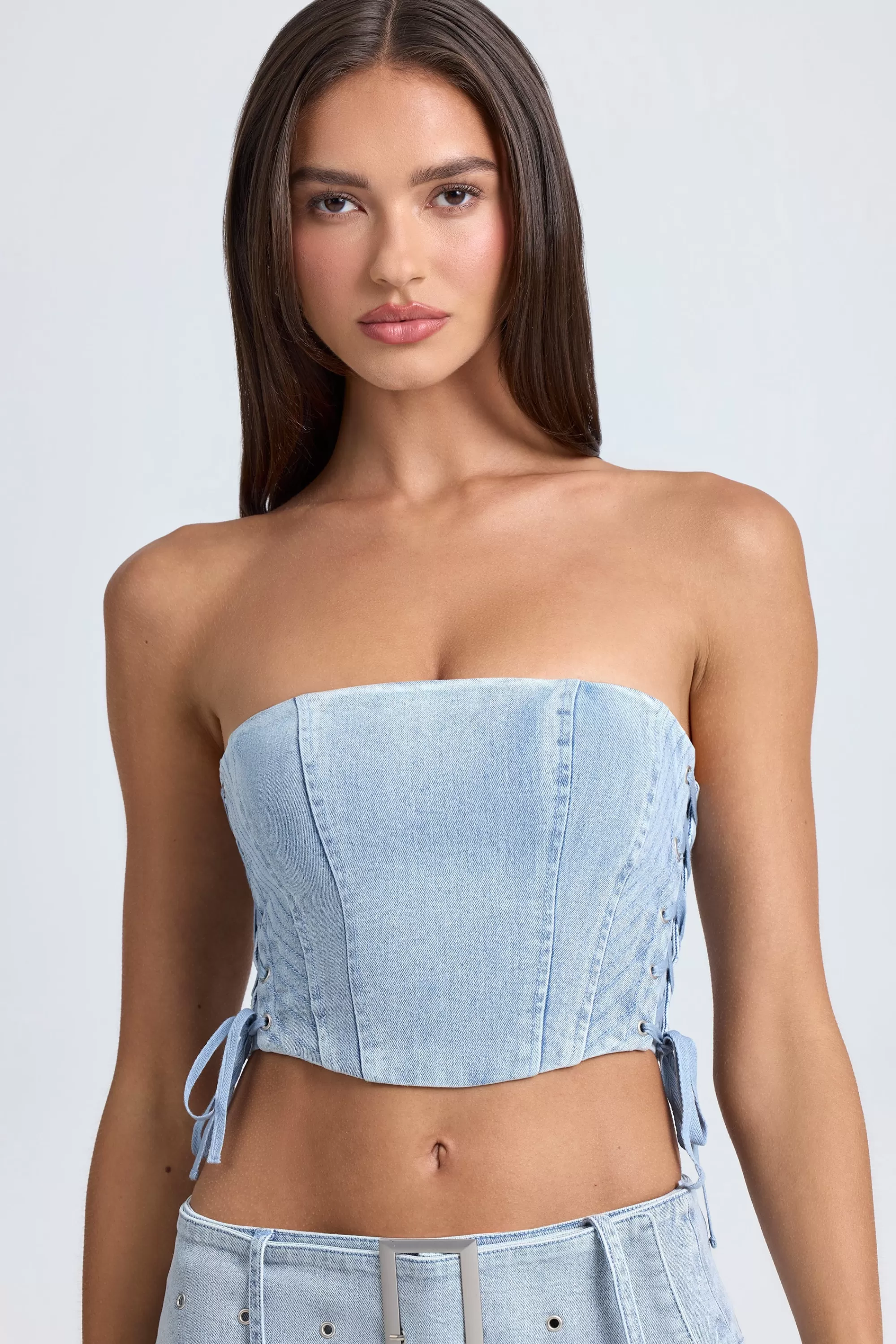 Oh Polly Bandeau Lace-Up Corset Crop Top in Light Blue Stonewash LightBlueStonewash New