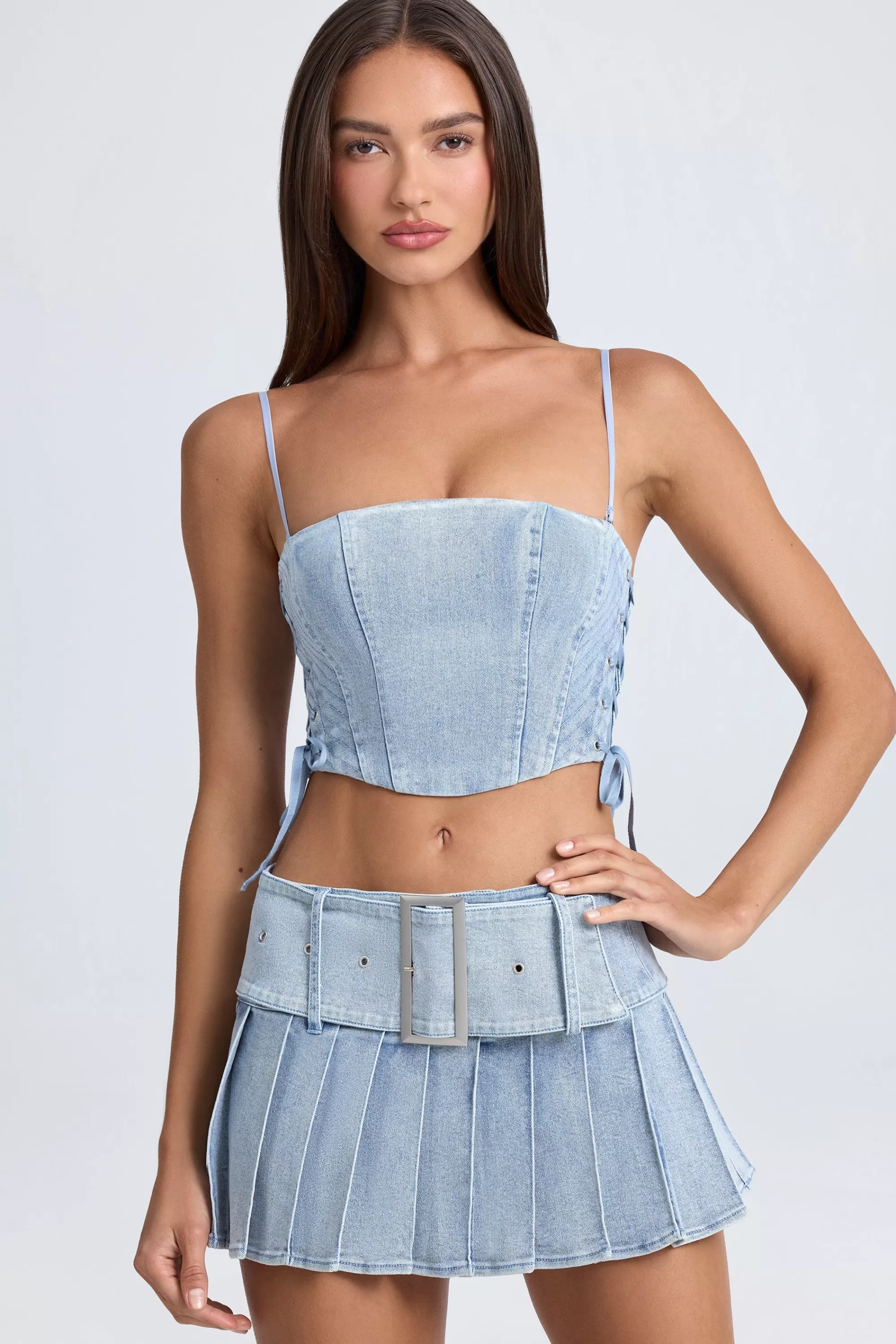 Oh Polly Bandeau Lace-Up Corset Crop Top in Light Blue Stonewash LightBlueStonewash New