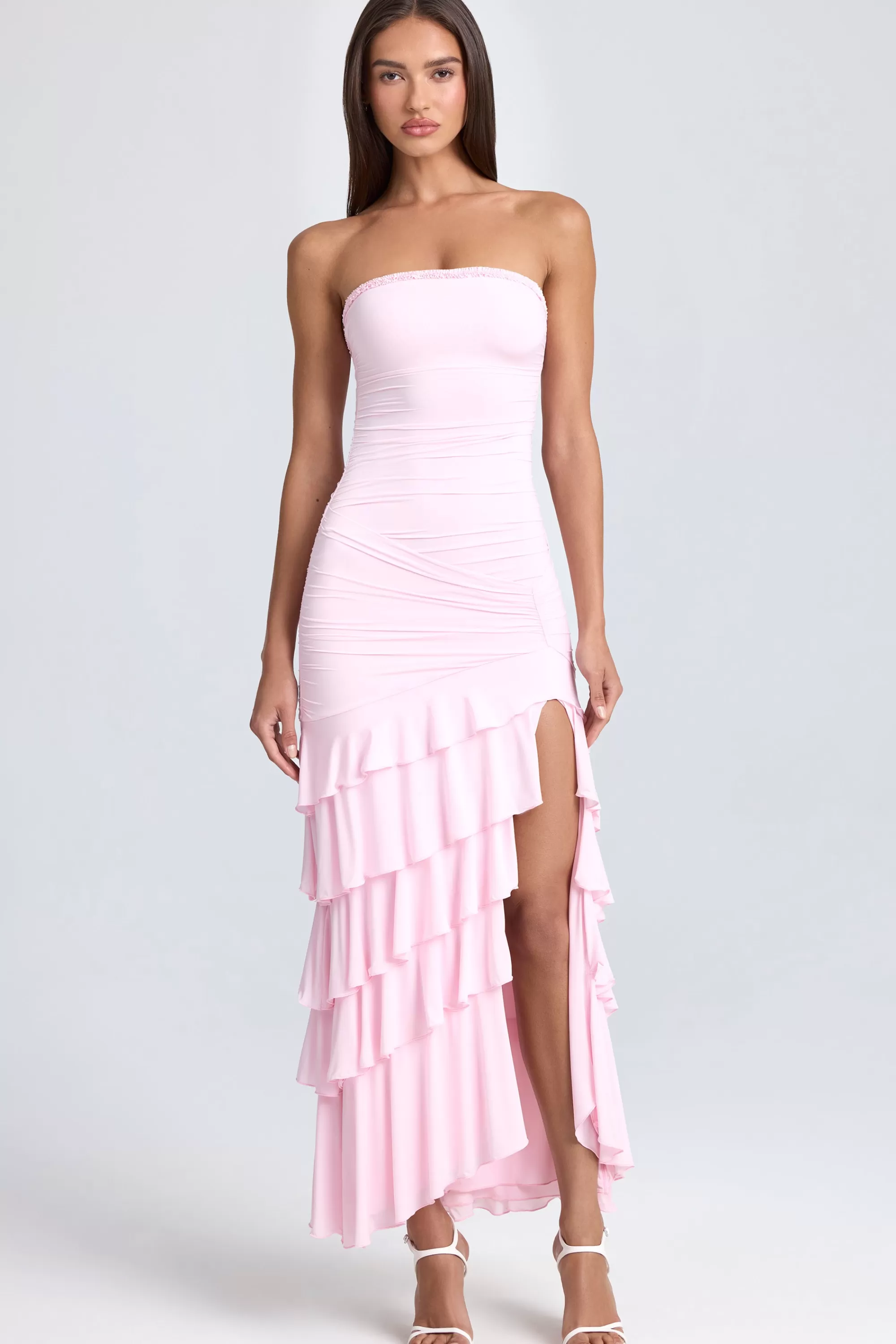 Oh Polly Bandeau Ruched Ruffle-Trim Maxi Dress in Blush Store