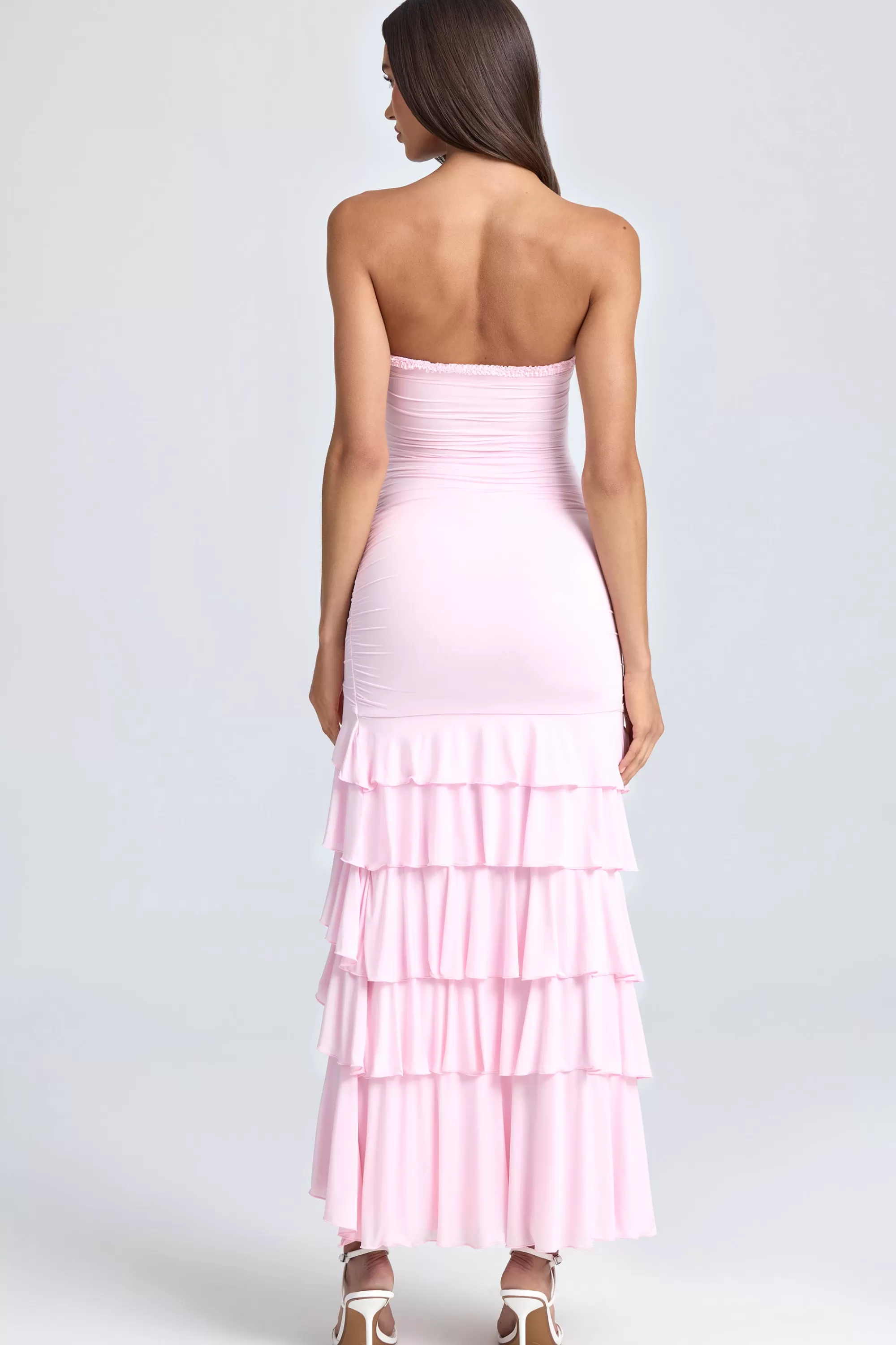 Oh Polly Bandeau Ruched Ruffle-Trim Maxi Dress in Blush Store