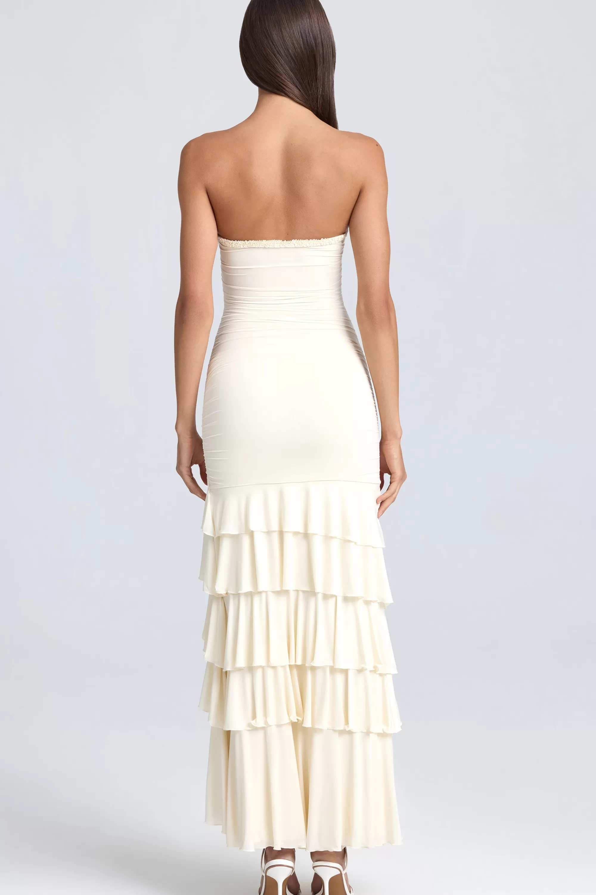 Oh Polly Bandeau Ruched Ruffle-Trim Maxi Dress in Ivory Cheap