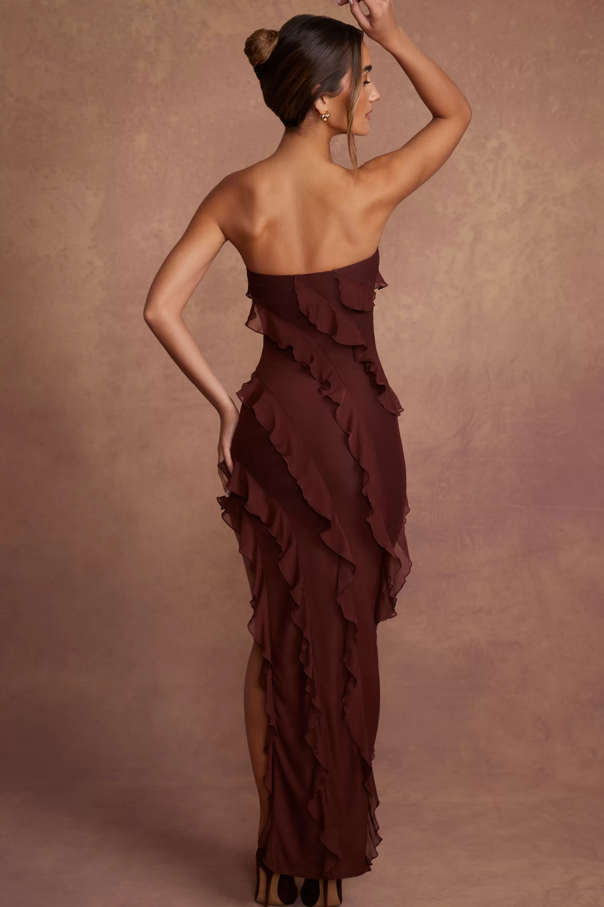 Oh Polly Bandeau Ruffle Detail Maxi Dress in Brown Hot