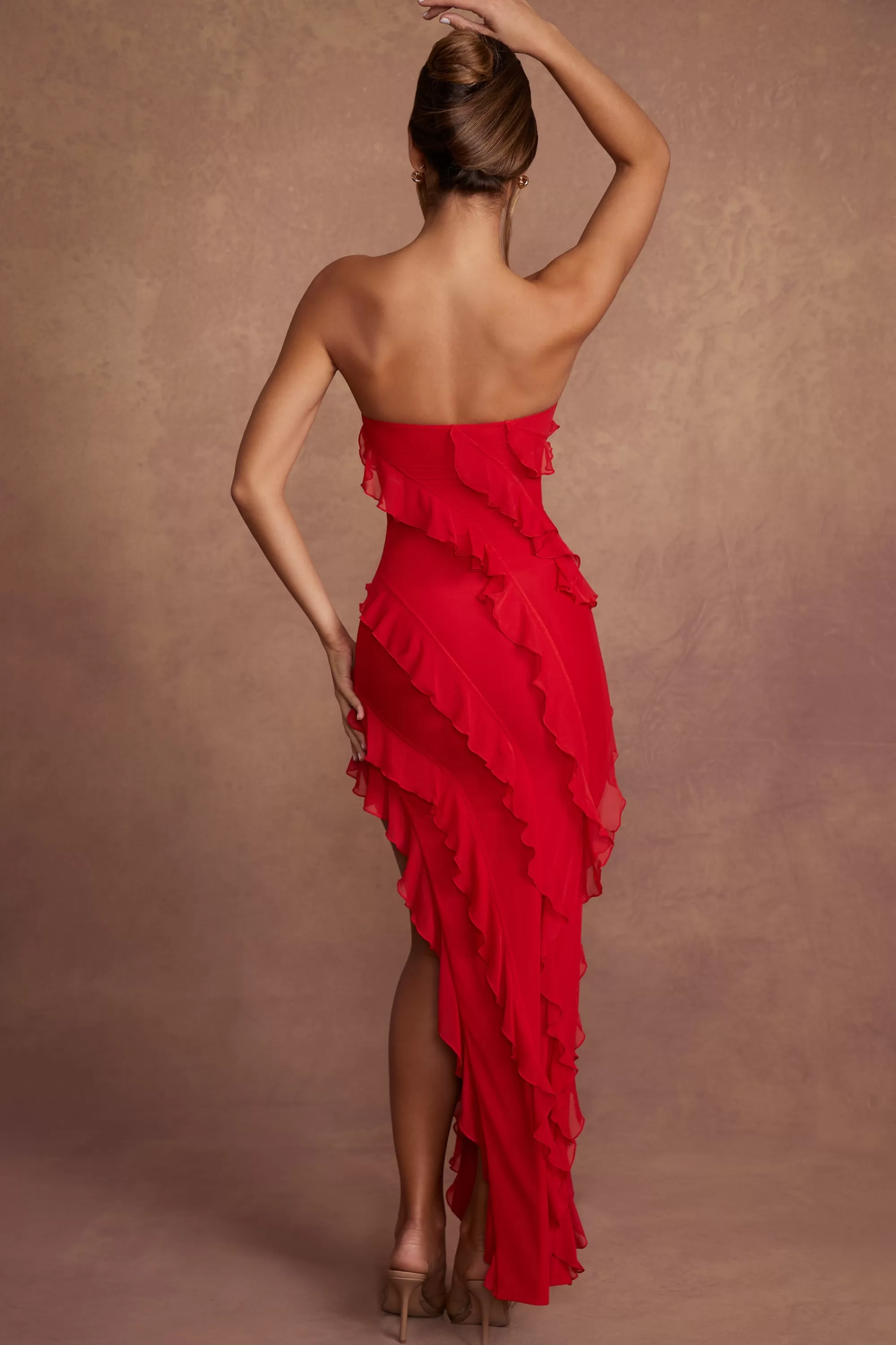 Oh Polly Bandeau Ruffle Detail Maxi Dress in Red Best