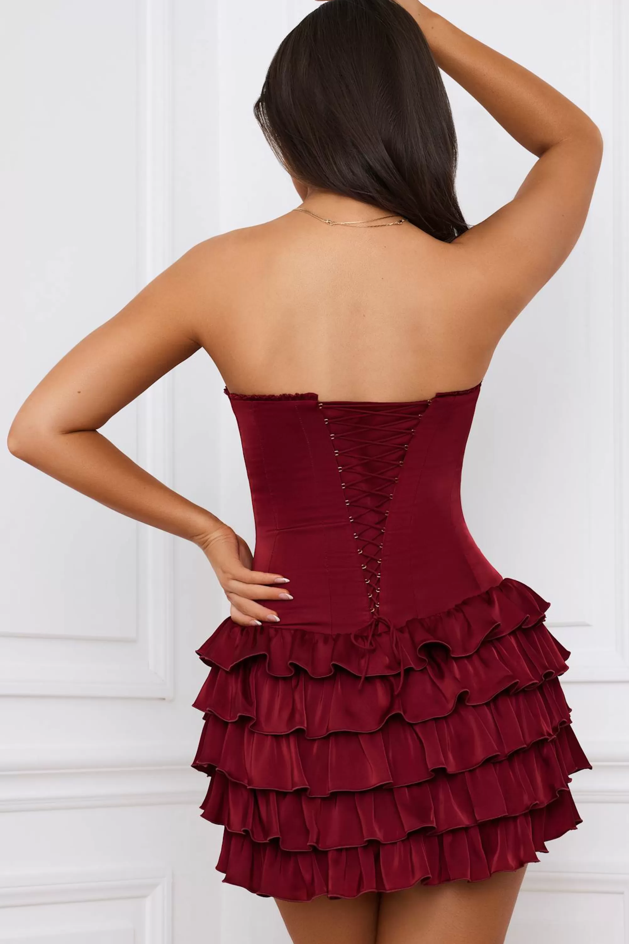 Oh Polly Bandeau Ruffled Tiered Corset Mini Dress in Berry Red BerryRed Best