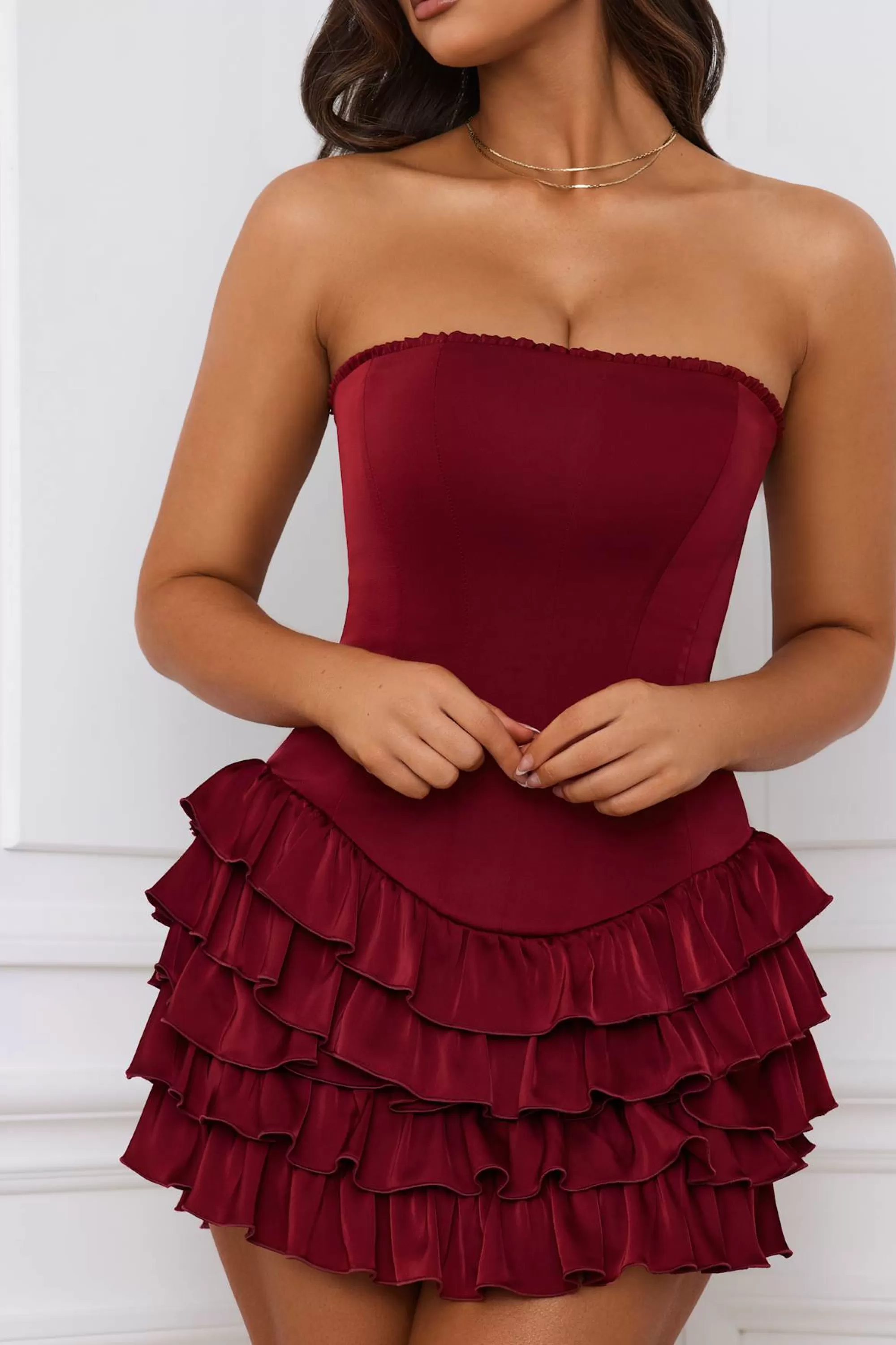 Oh Polly Bandeau Ruffled Tiered Corset Mini Dress in Berry Red BerryRed Best