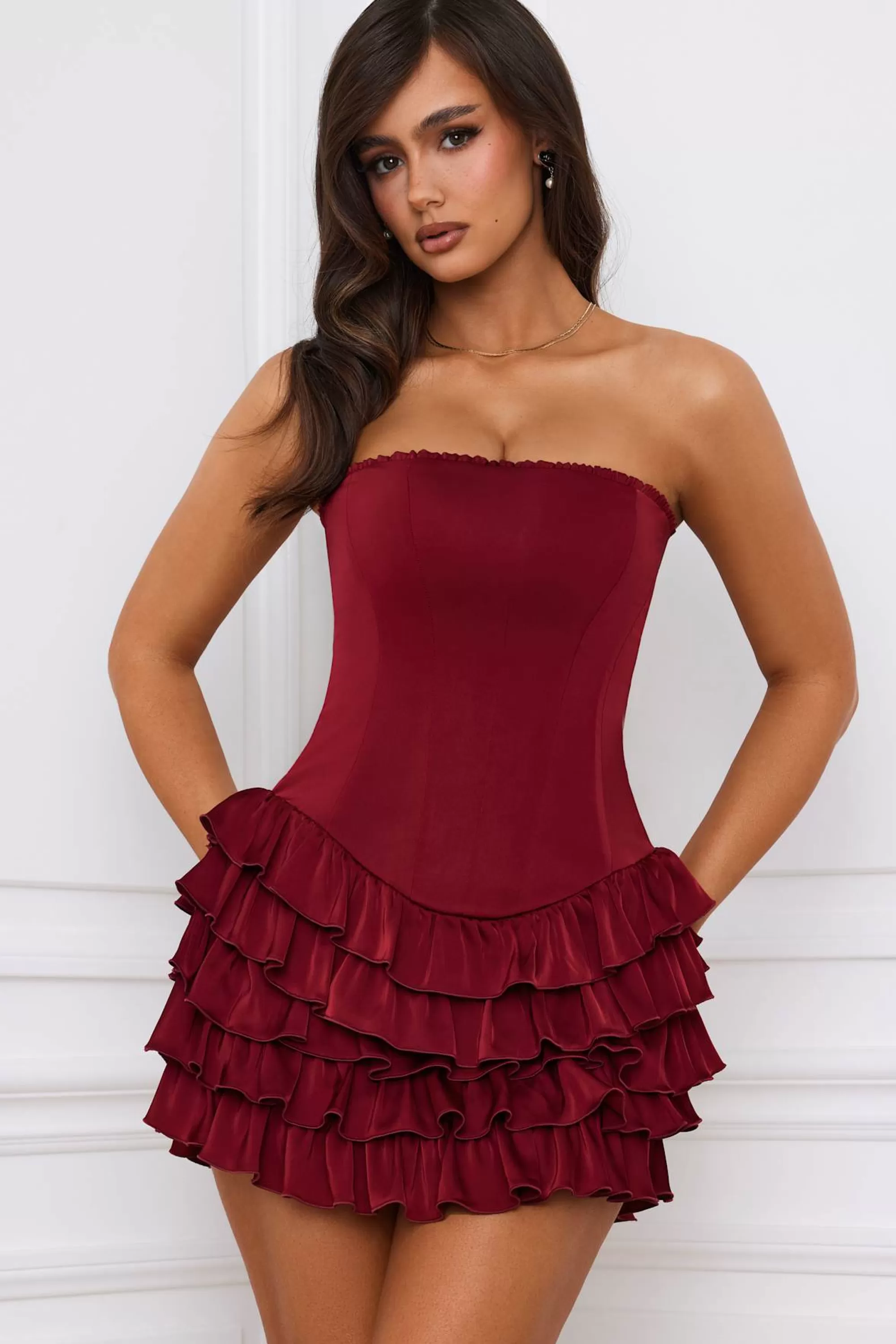 Oh Polly Bandeau Ruffled Tiered Corset Mini Dress in Berry Red BerryRed Best