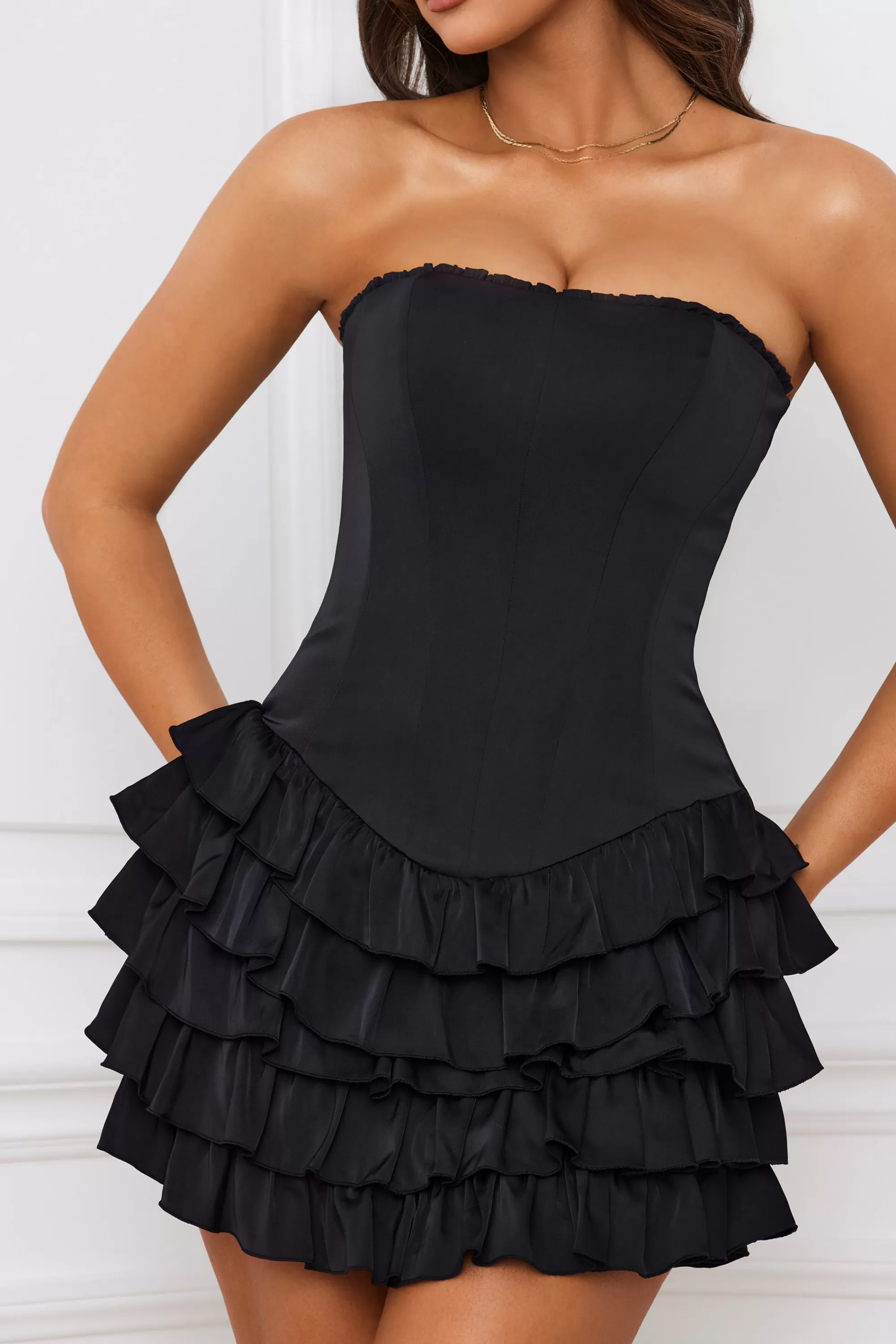 Oh Polly Bandeau Ruffled Tiered Corset Mini Dress in Black Discount