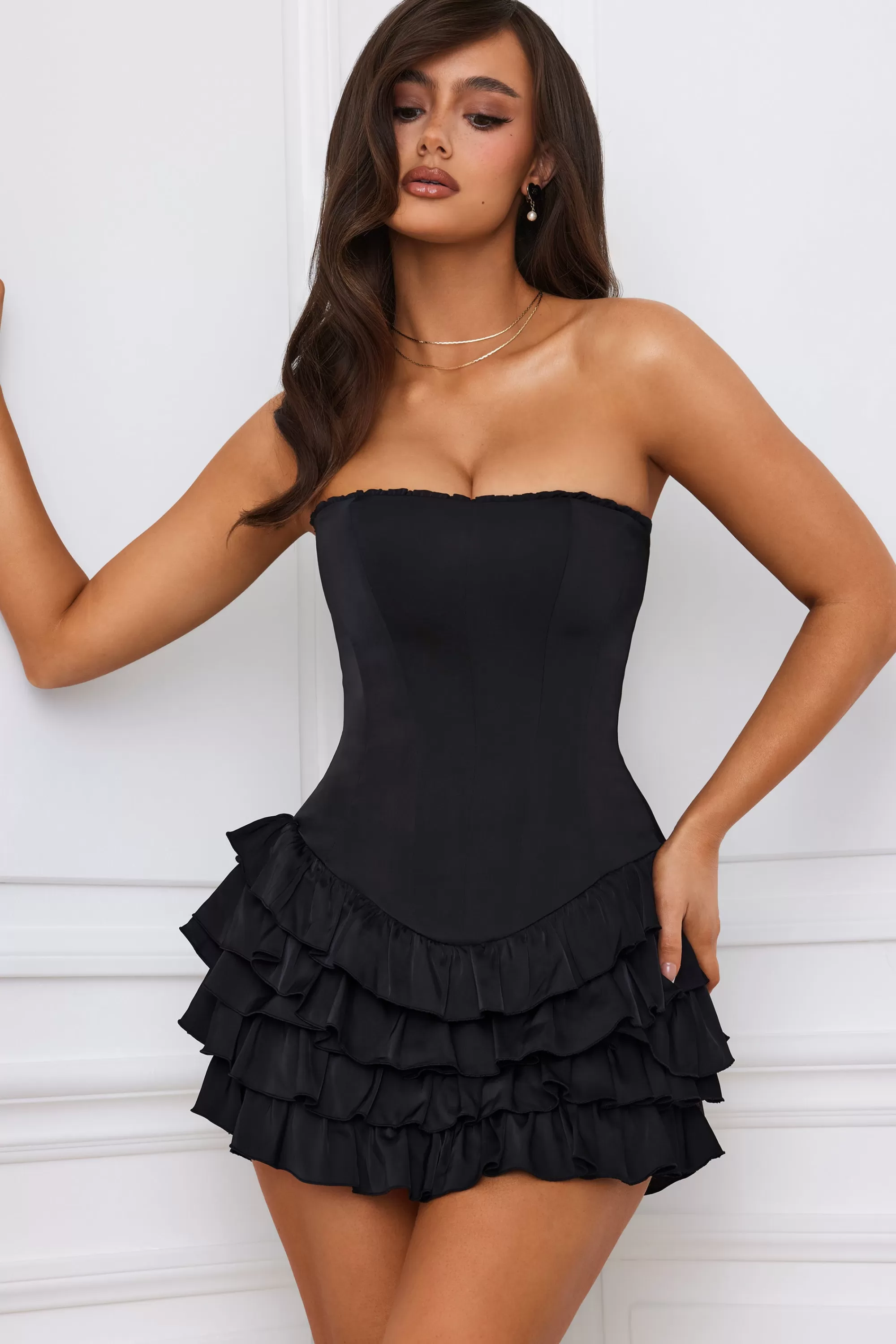 Oh Polly Bandeau Ruffled Tiered Corset Mini Dress in Black Discount