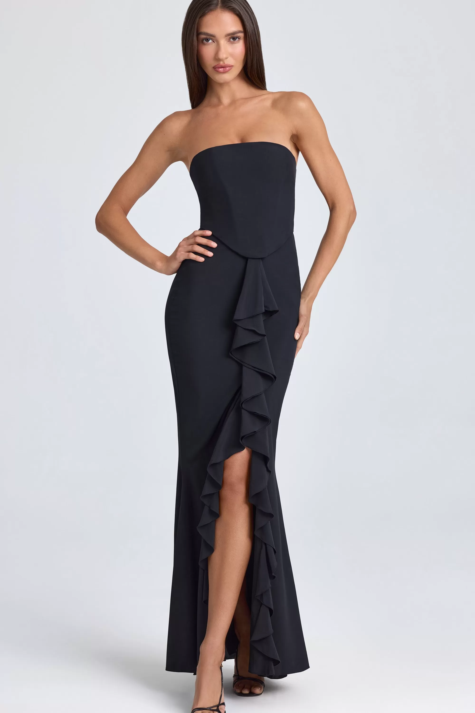 Oh Polly Bandeau Ruffle-Trim Corset Gown in Black Store