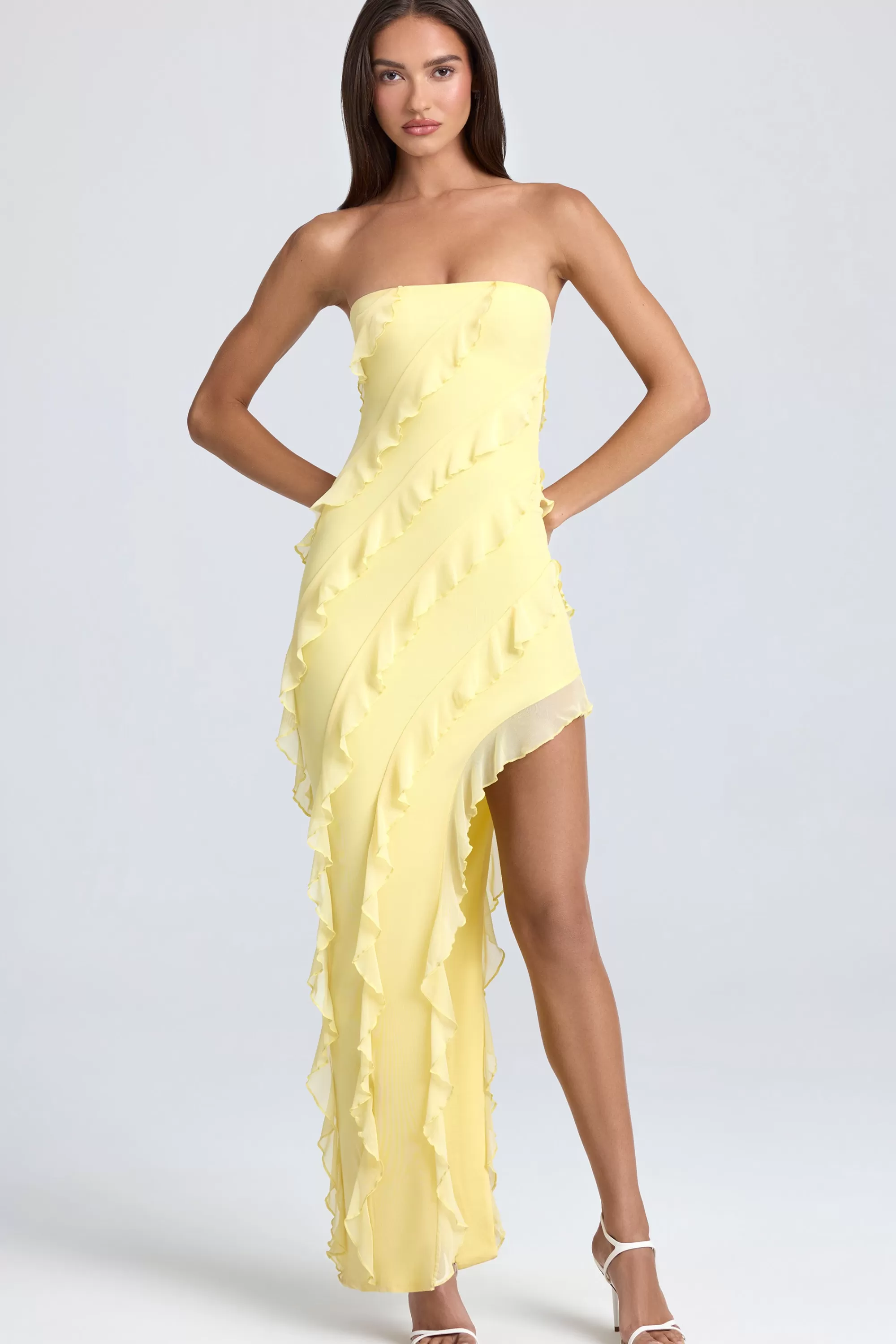 Oh Polly Bandeau Ruffle-Trim Maxi Dress in Lemon Sherbet LemonSherbet Cheap