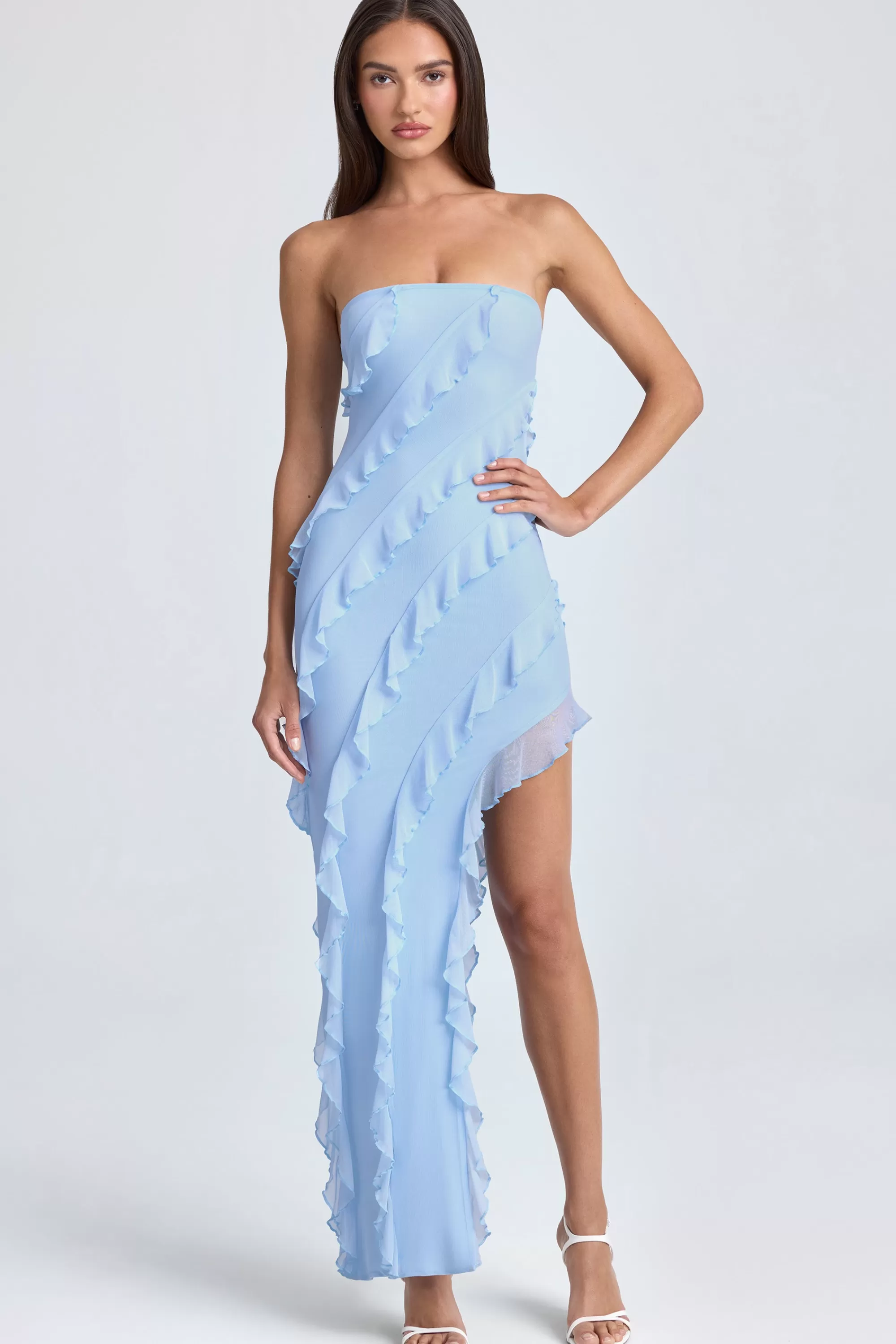 Oh Polly Bandeau Ruffle-Trim Maxi Dress in Powder Blue PowderBlue Outlet