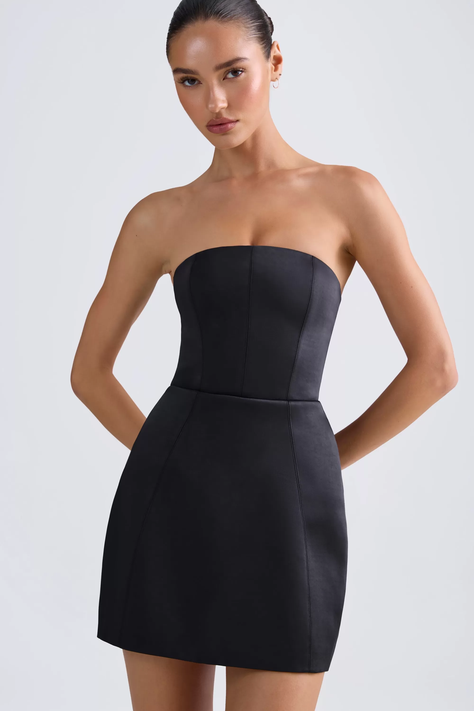 Oh Polly Bandeau Structured Tulip Mini Dress in Black Store