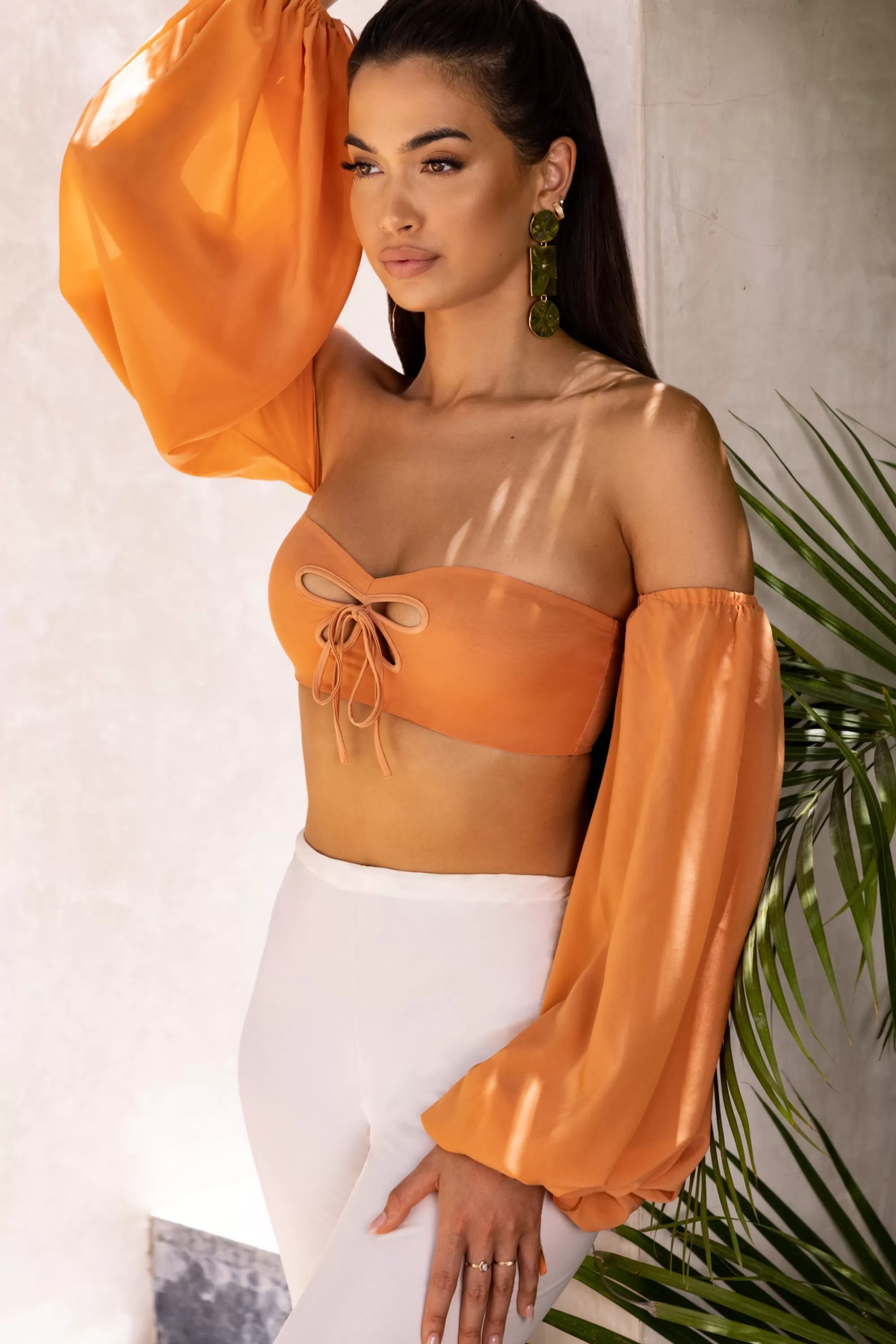 Oh Polly Bardot Cut Out Crop Top in Caramel Best